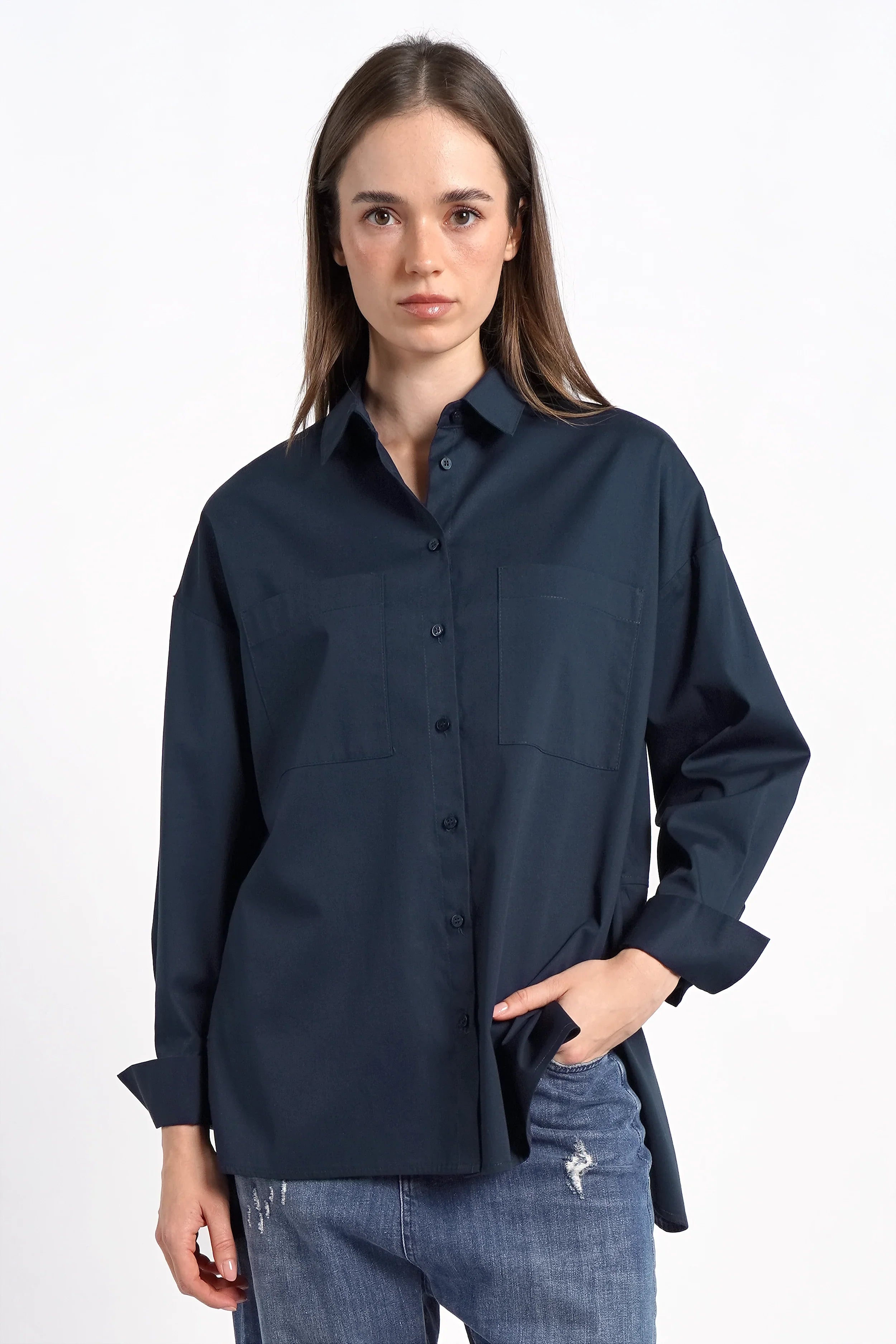 LEA.K Loose Fit Bluse dunkelblaue Baumwollpopeline Bluse mit Hemdkragen und Brusttaschen