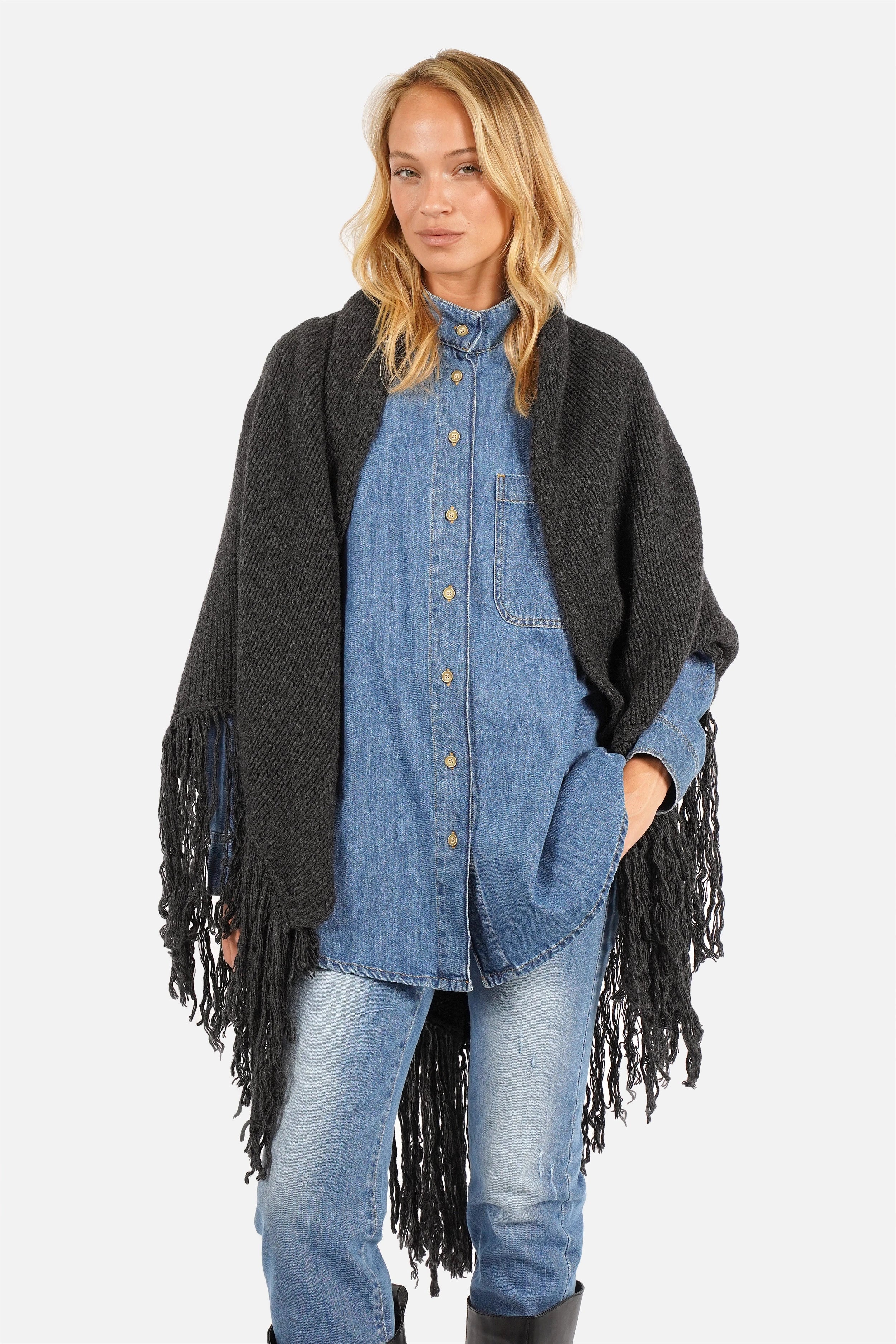 LEDANI Oversized Strick-Dreieckstuch mit Fransen in weicher grob gestrickter Qualität