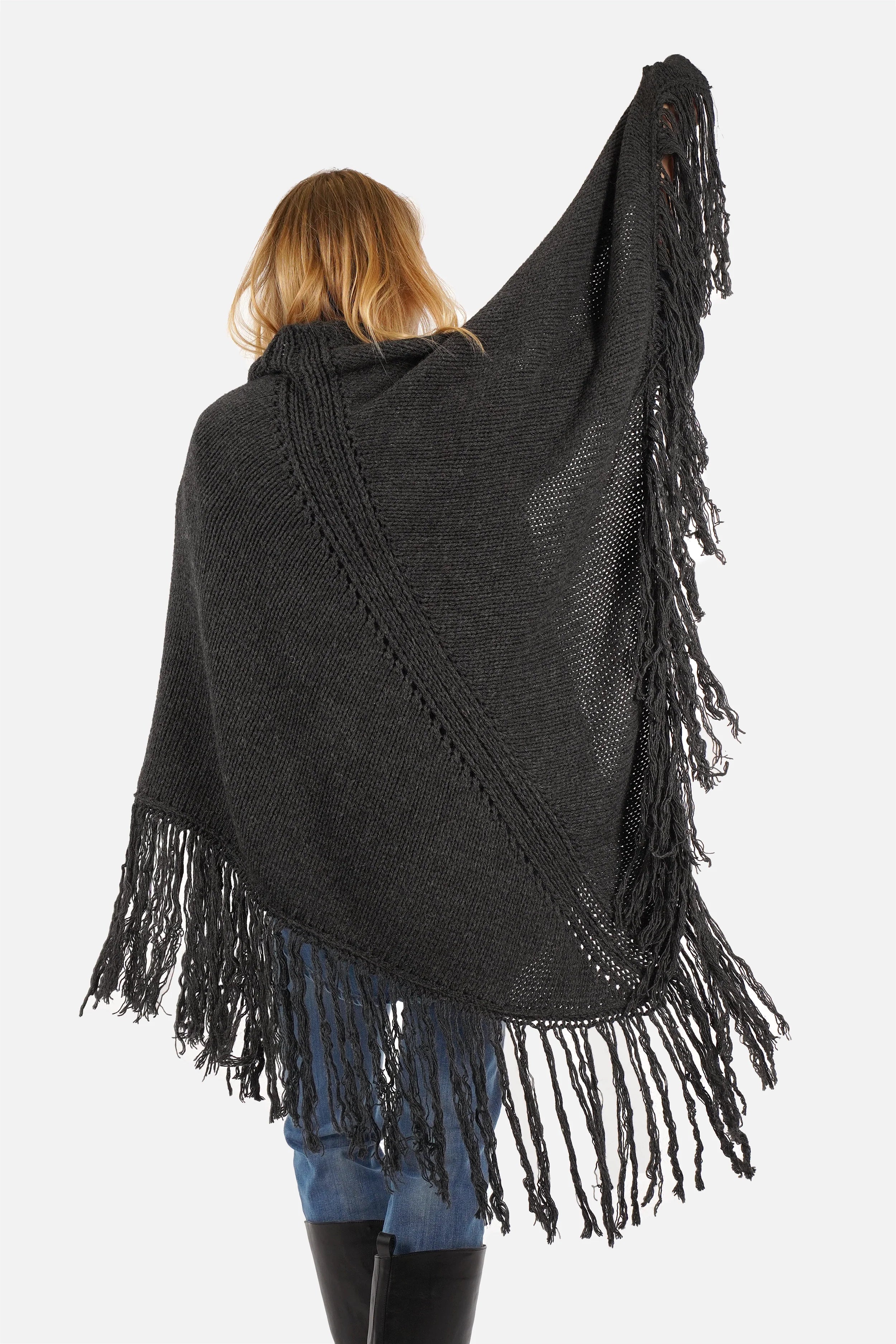LEDANI Oversized Strick-Dreieckstuch mit Fransen, grob gestrickt, Dreiecksform, Ajourdetails, vielseitig tragbar, One Size, 174x112 cm