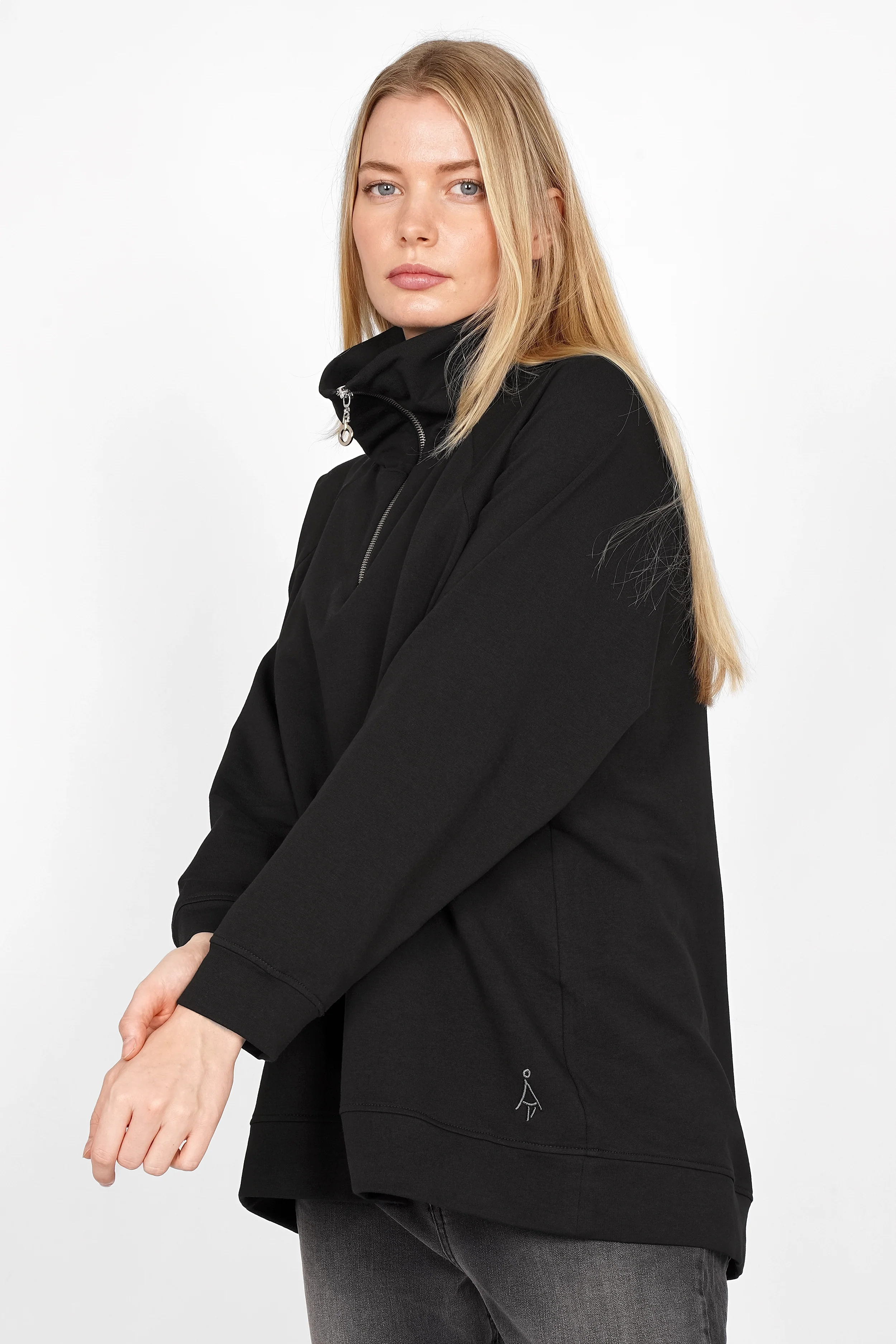 Black LENIA Troyer-Oversize Sweater with half-zip, raglan sleeves, and tonal logo embroidery on female model