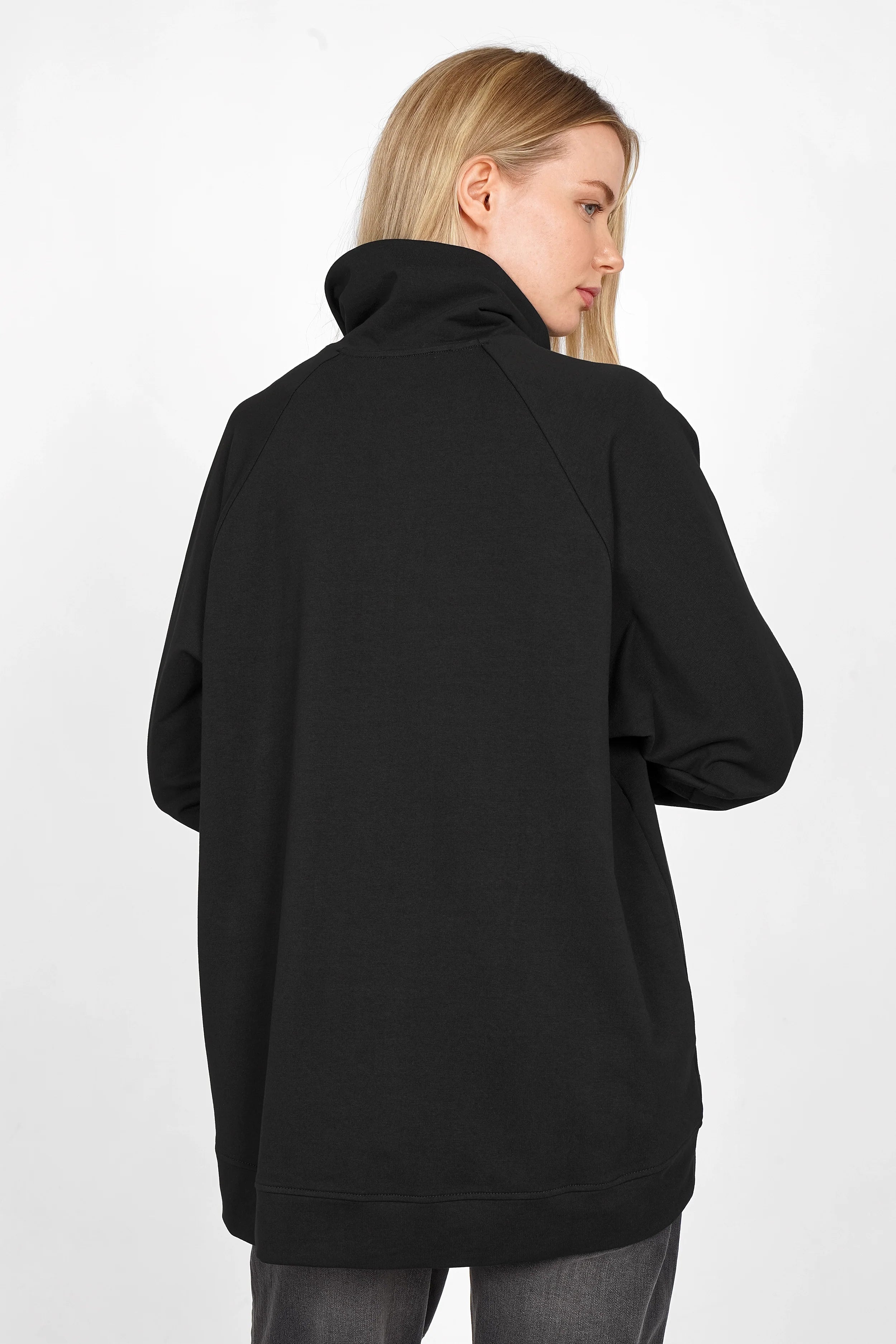 Black LENIA Troyer-Oversize Sweater with half-zip, stand collar, raglan sleeves, and rounded hem in relaxed fit