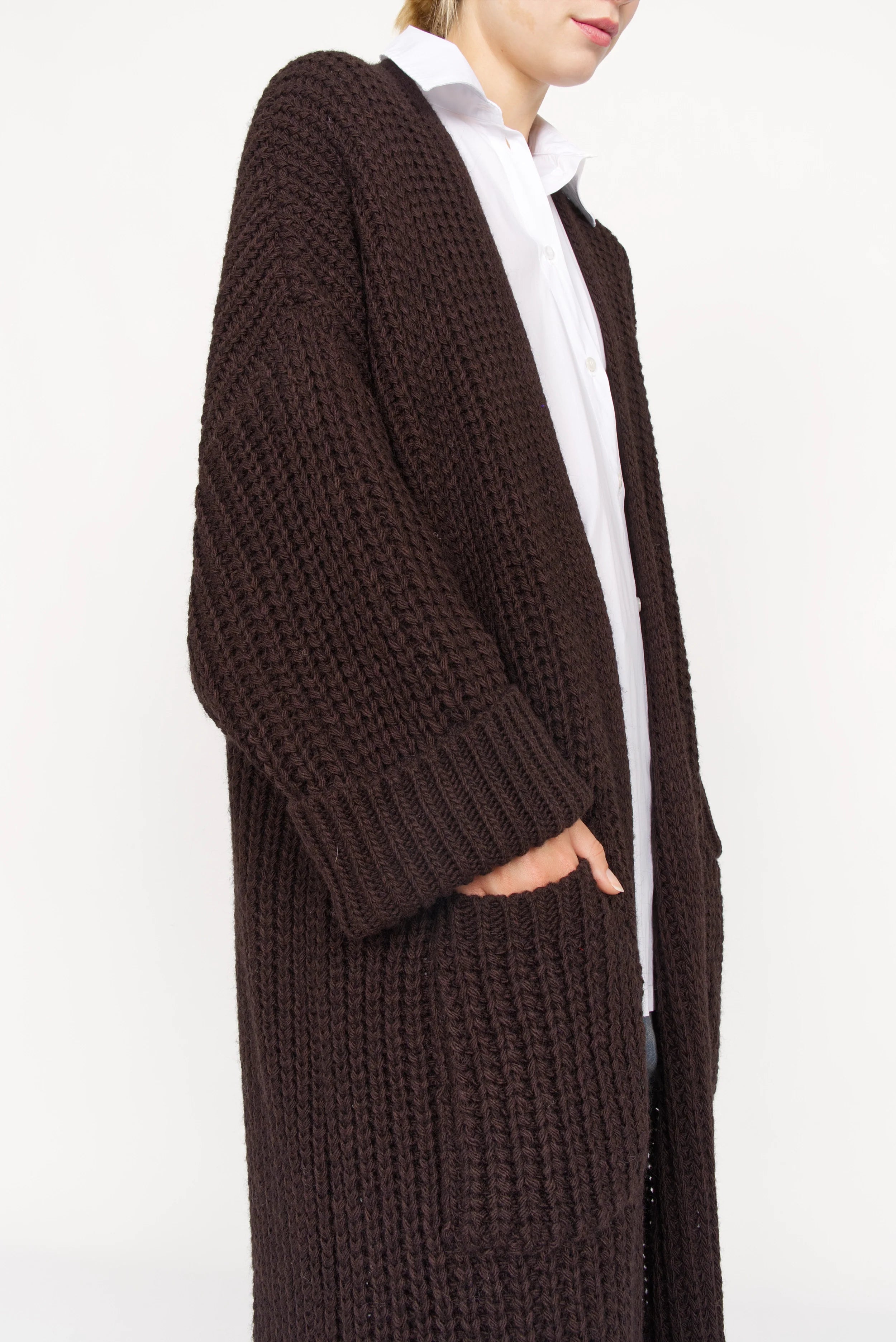 LOLA Strickcardigan oversized open knit cardigan with patch pockets in dark brown