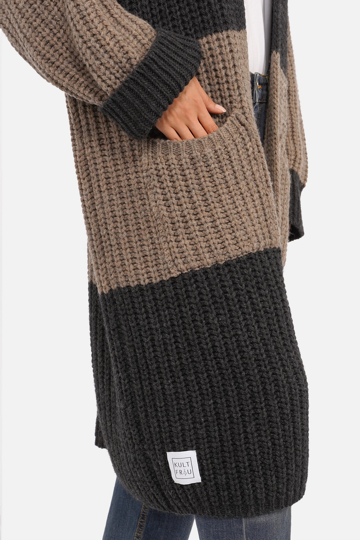 LOLLYTA One Size Strickcardigan mit breiten Blockstreifen und offener Front