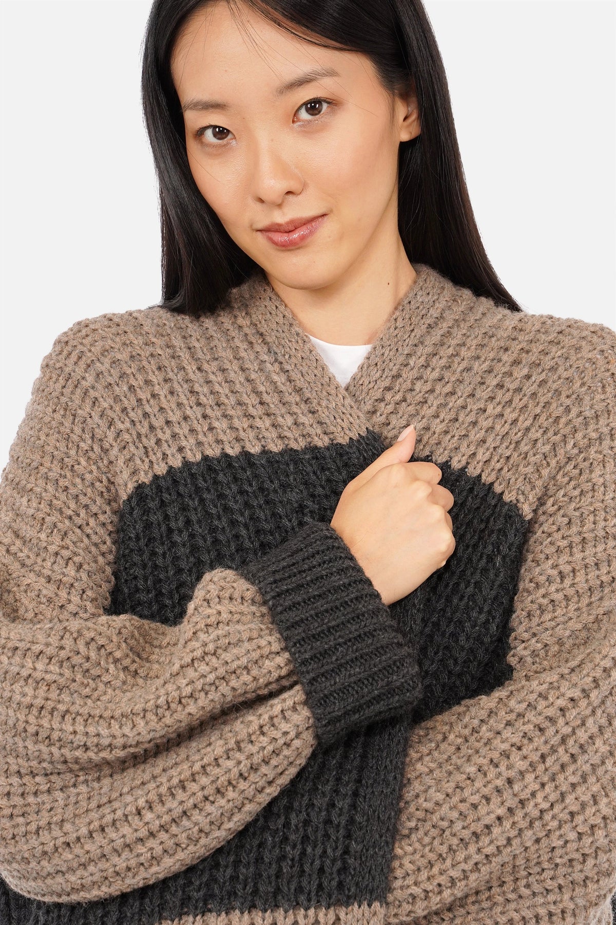 LOLLYTA One Size Strickcardigan mit groben Blockstreifen und offener Front