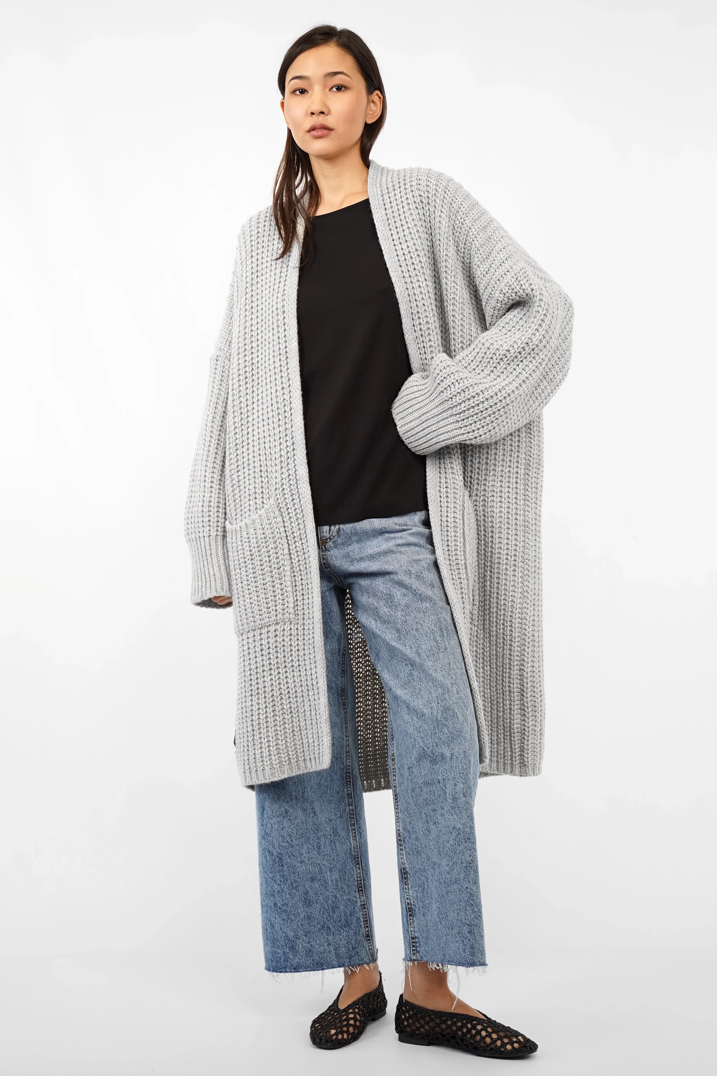 LOLYTA oversized open knit cardigan with relaxed fit and patch pockets