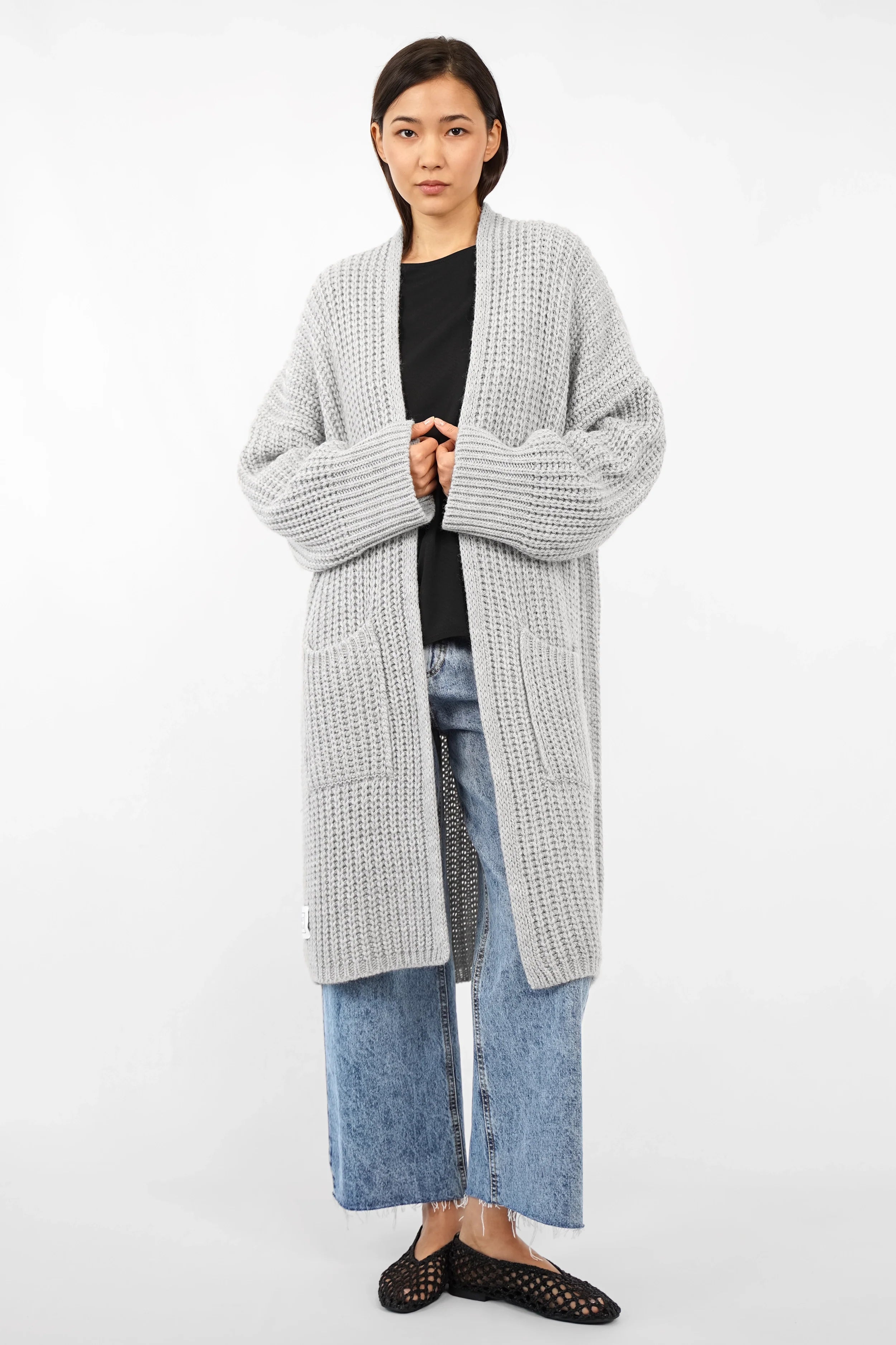 LOLYTA oversized open knit cardigan with relaxed fit and patch pockets