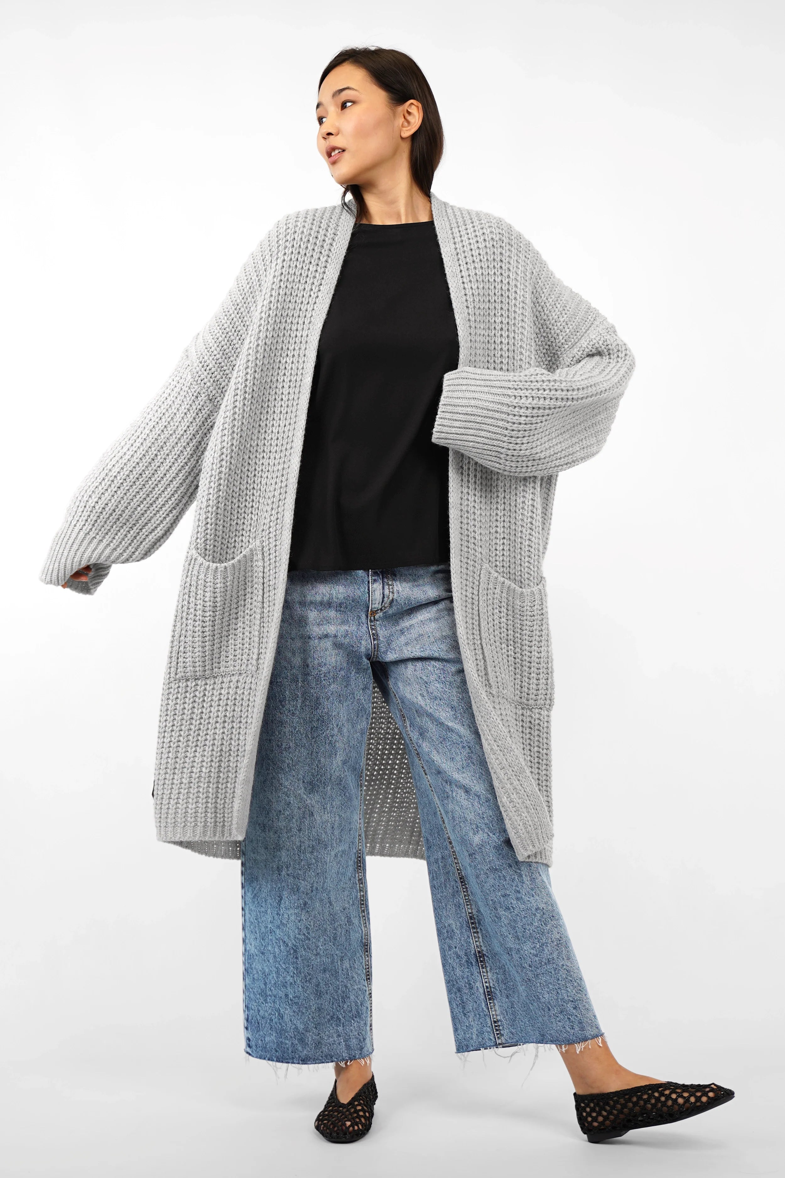 LOLYTA oversized open knit cardigan with relaxed fit and rolled sleeves