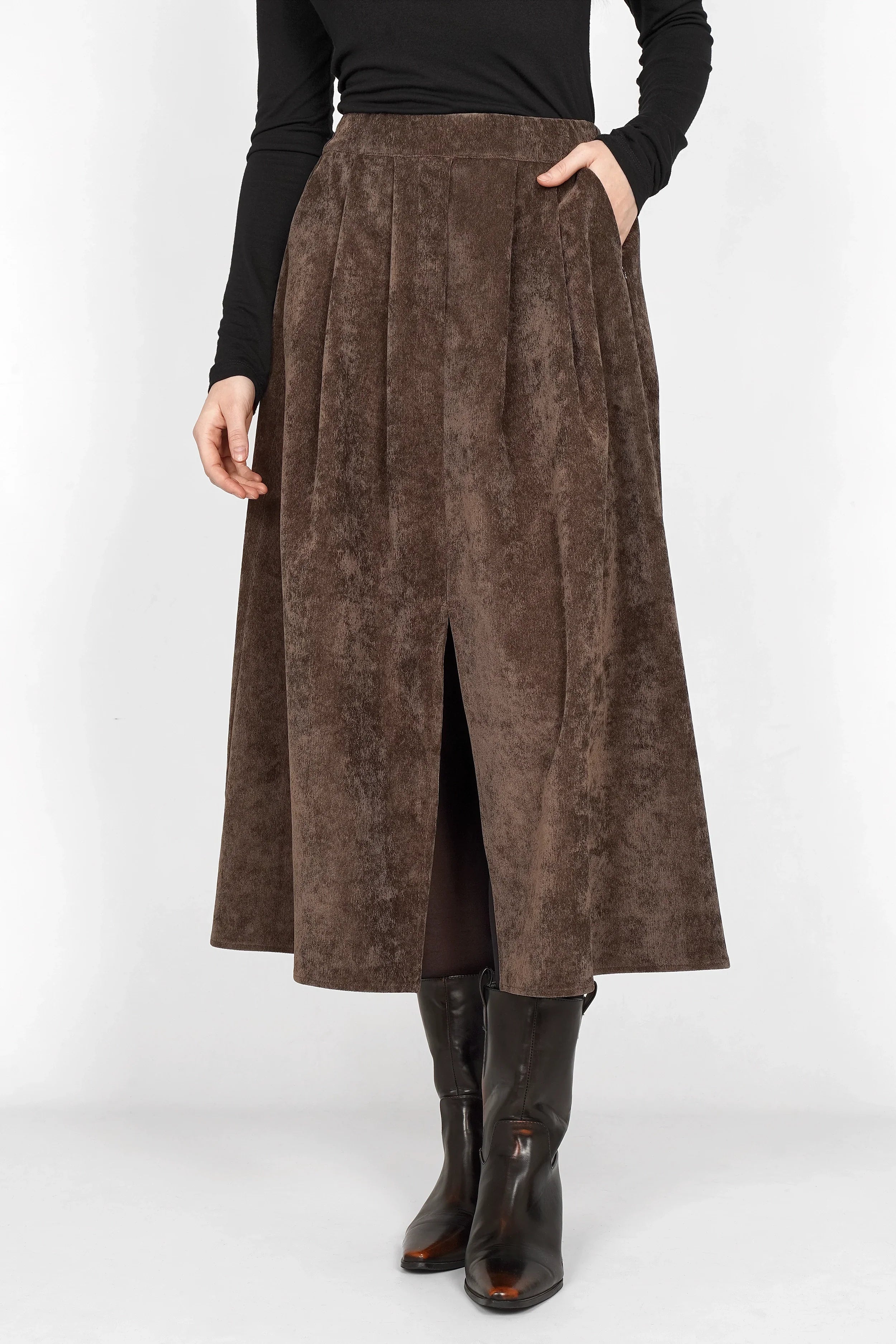 Brown A-line midi corduroy skirt with front slit and side pockets