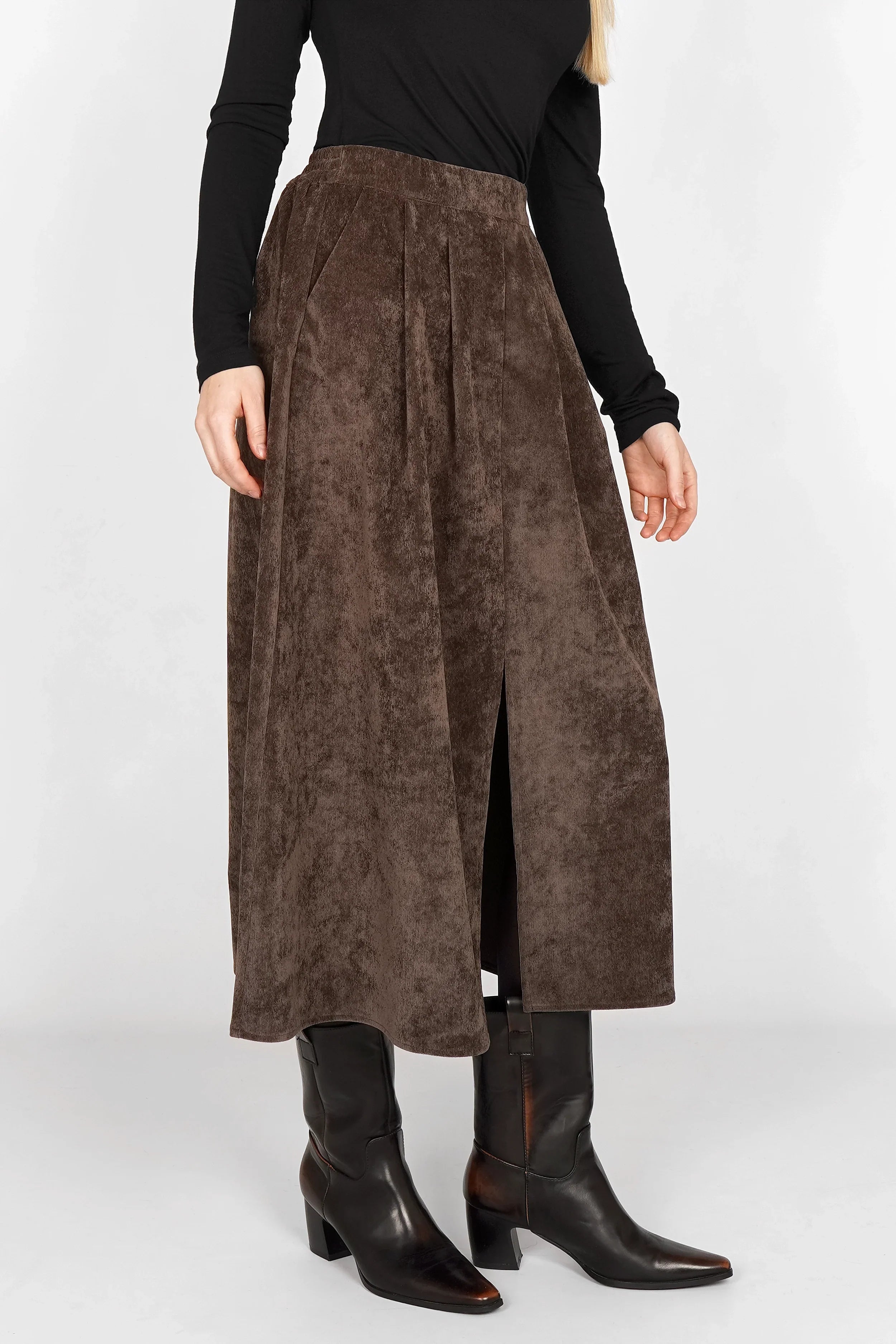 Brauner LORIN Cord-Midirock in A-Linie mit Bundfalten und seitlichen Taschen