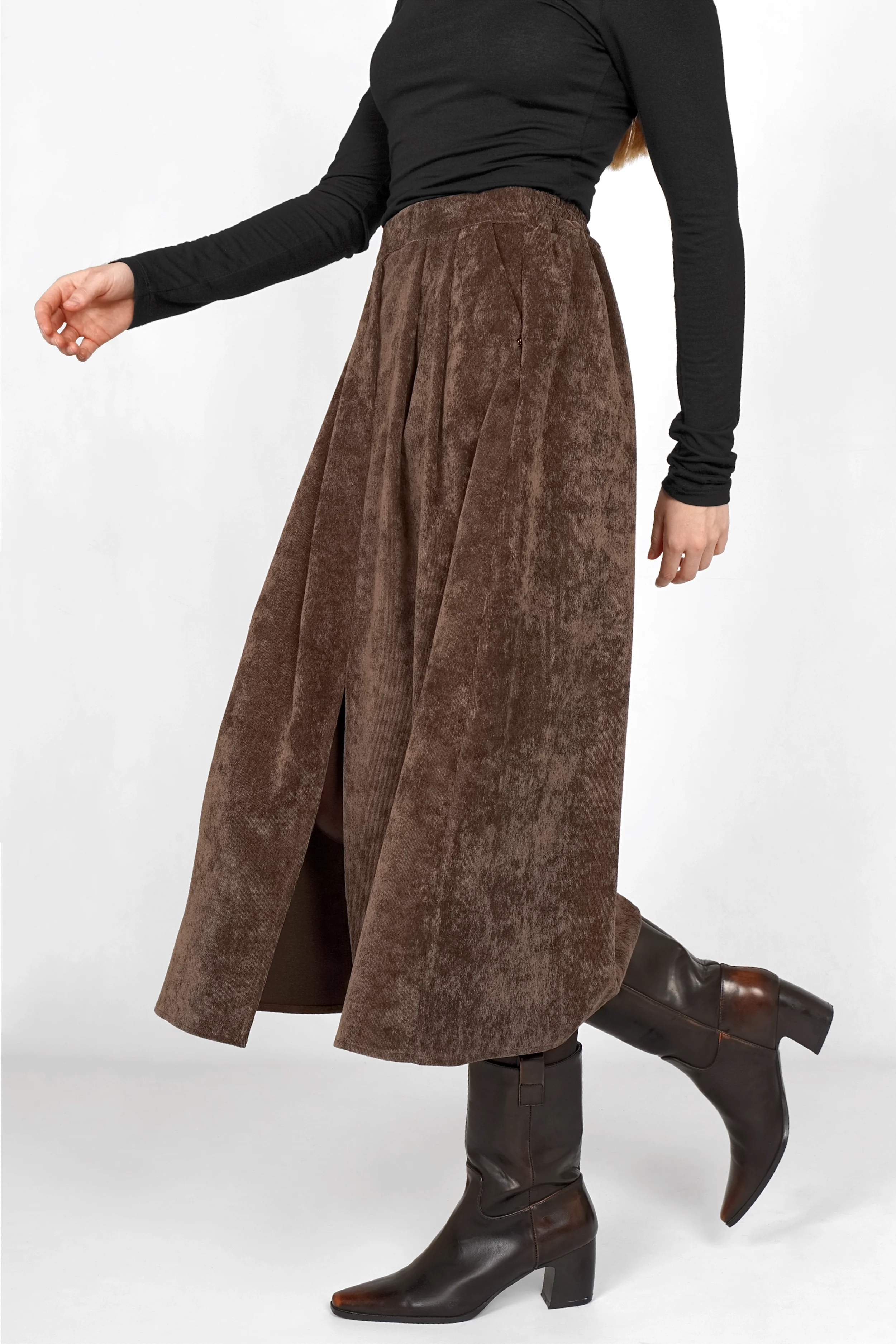 Brown A-line cord midi skirt with front slit and side pockets