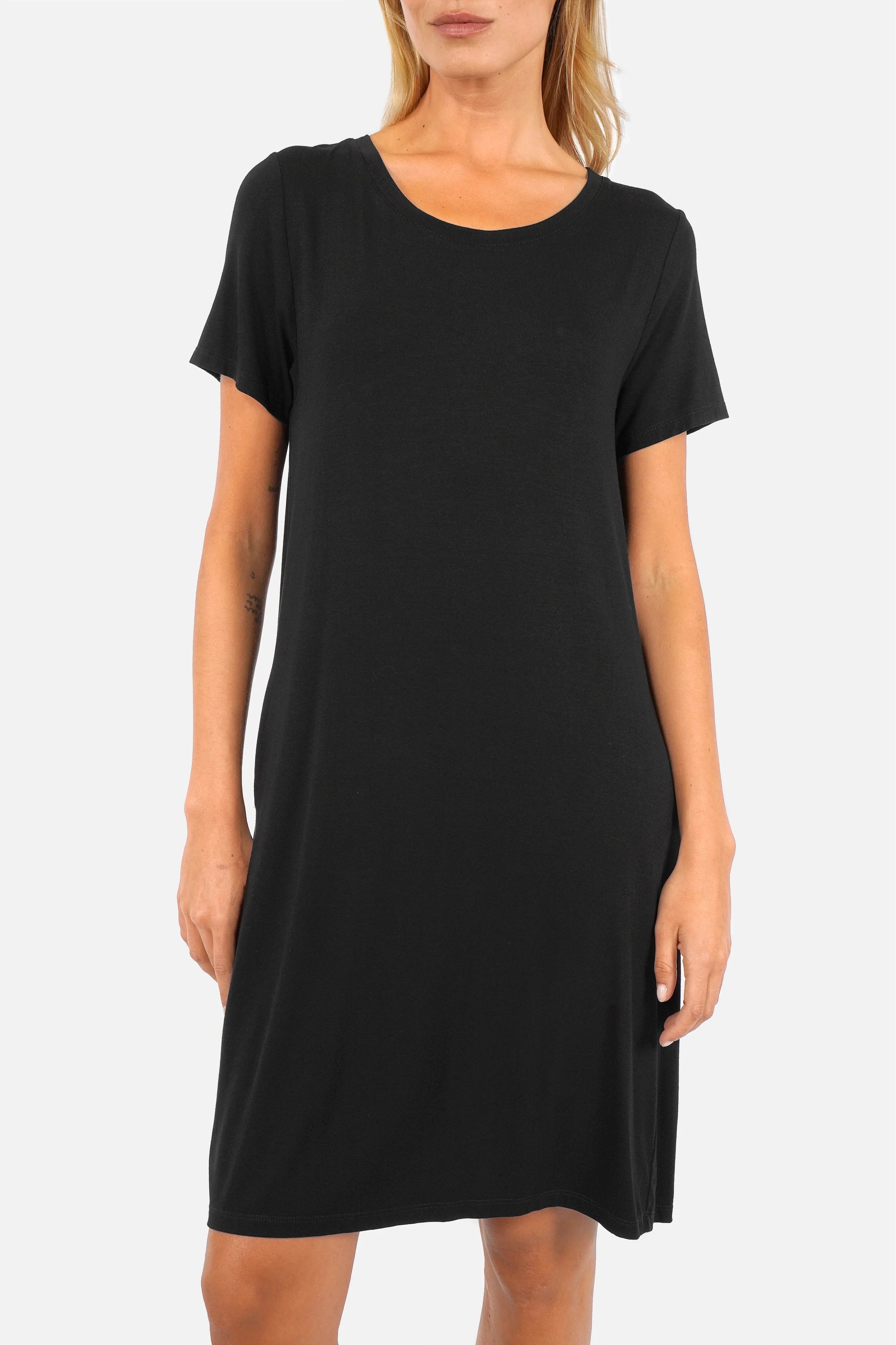 Damen Kurzarm A-Linie Kleid aus Viskose mit Rundhalsausschnitt und seitlichen Taschen