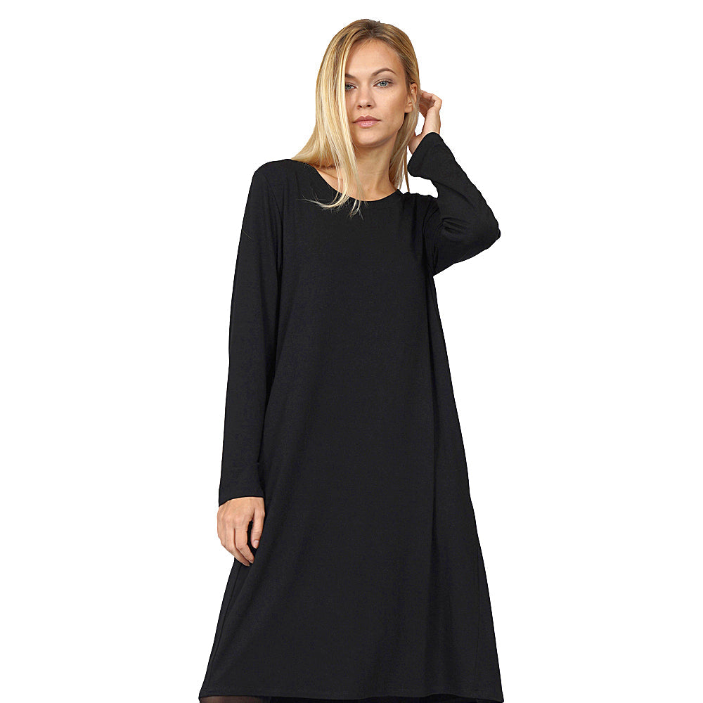 Schwarzes LYLLDA A-Linie Kleid aus Viskose mit Rundhalsausschnitt und Rückenfalte, knielang, Regular Fit