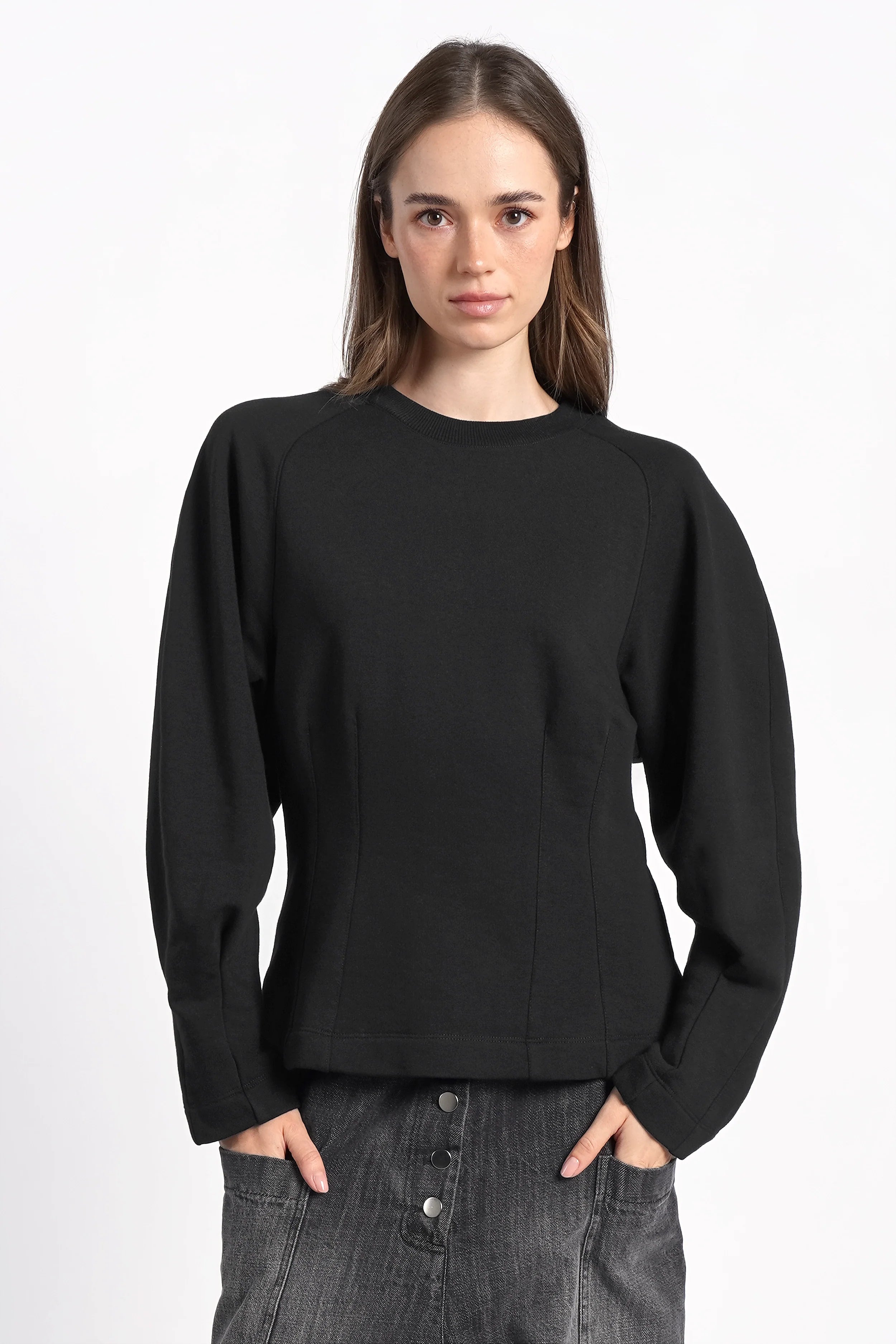MALVEA Sweater schwarzer Damenpullover mit Teilungsnähten und relaxed Fit aus Baumwollmischung