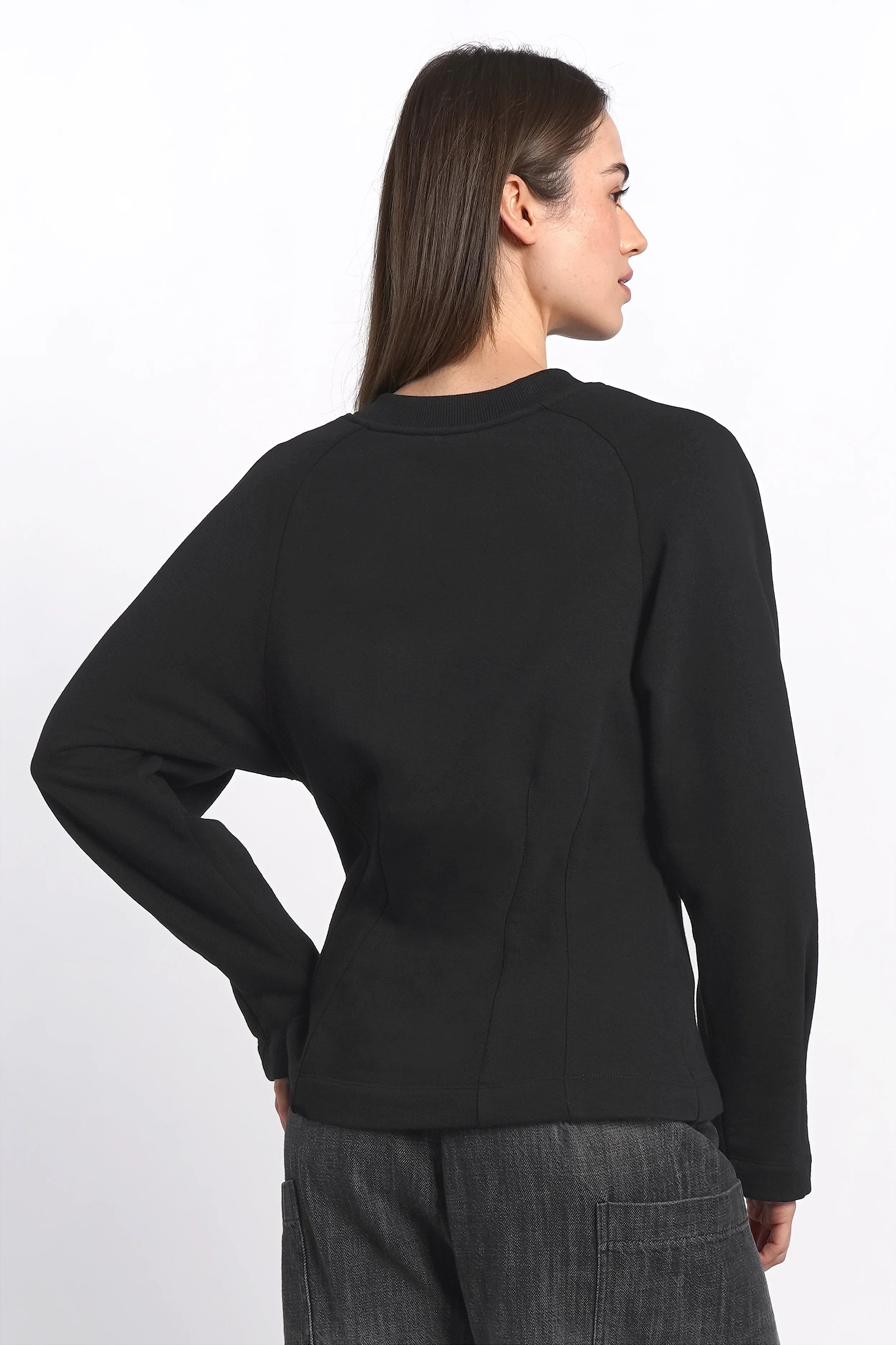 Schwarzer MALVEA Sweater mit Teilungsnähten und Relaxed Fit aus Baumwollmischung, Rückansicht