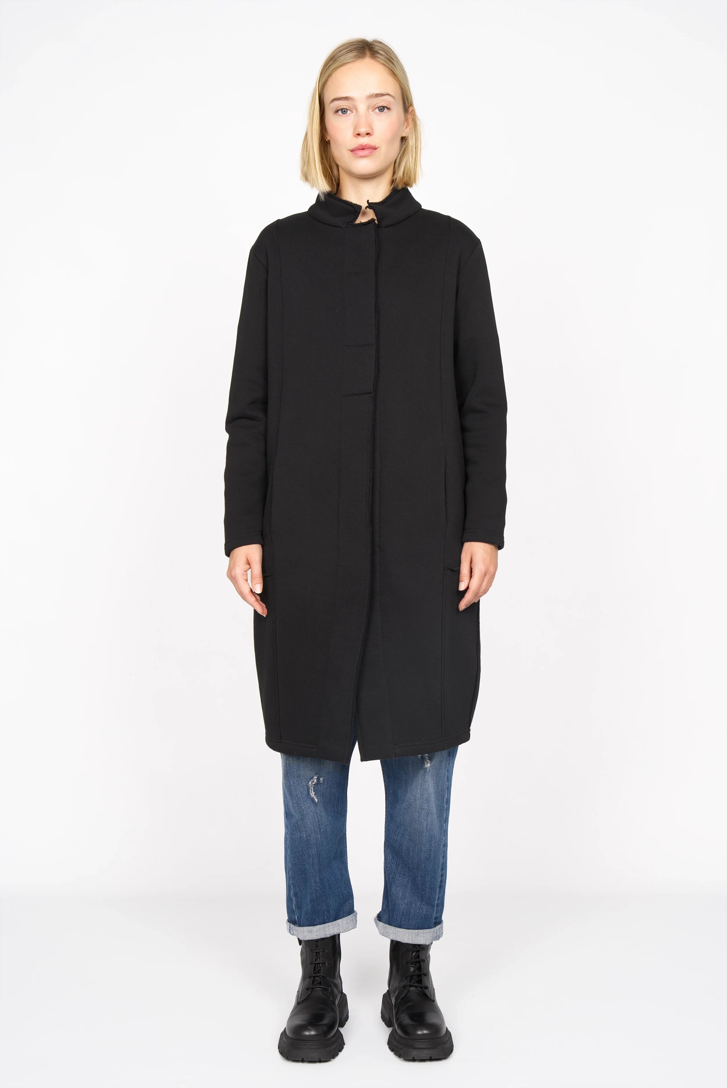 MANEY Sweatmantel black soft jersey coat with hidden button placket and balloon fit