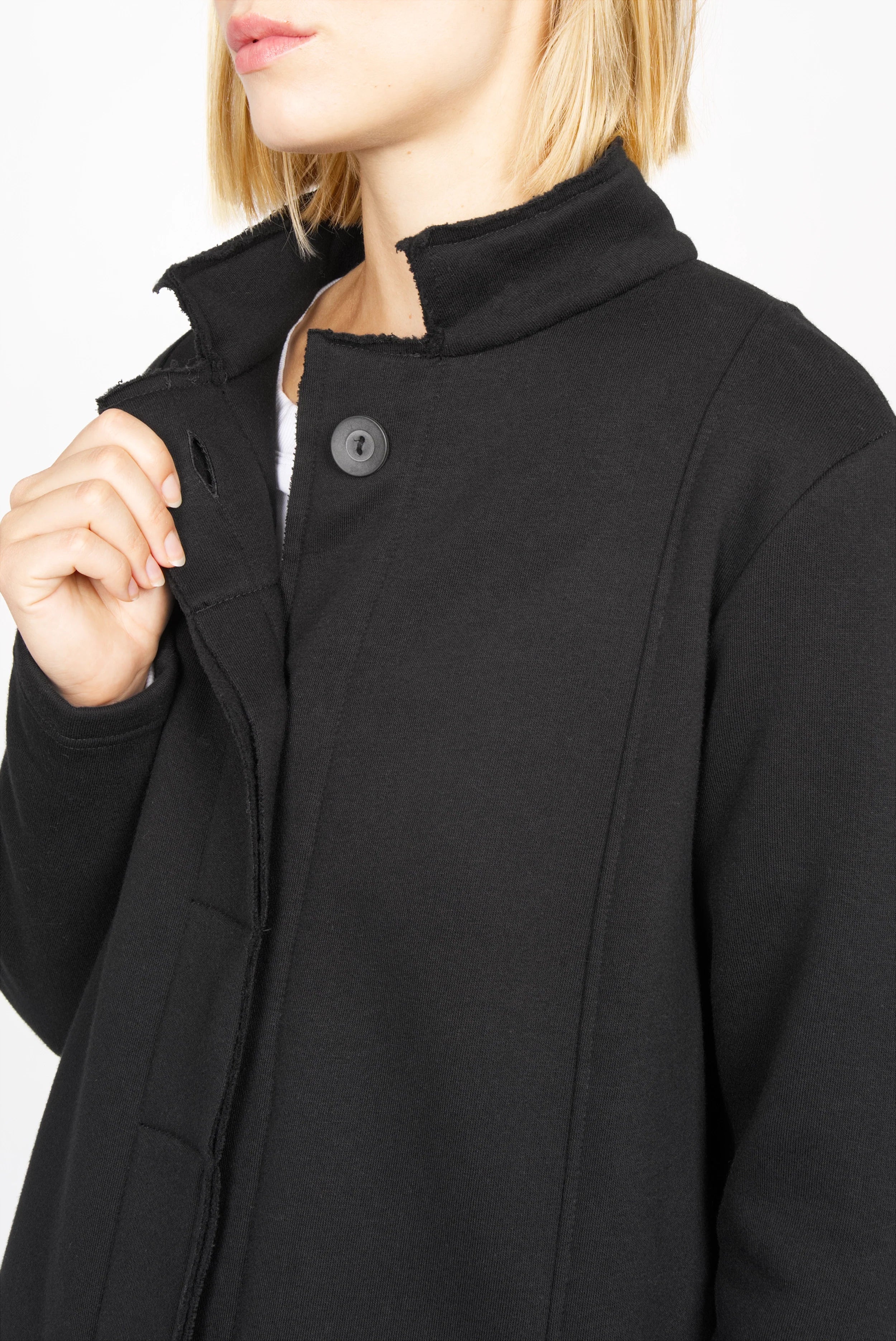 Black MANEY Sweatmantel with concealed button placket and soft brushed inner jersey lining for comfort