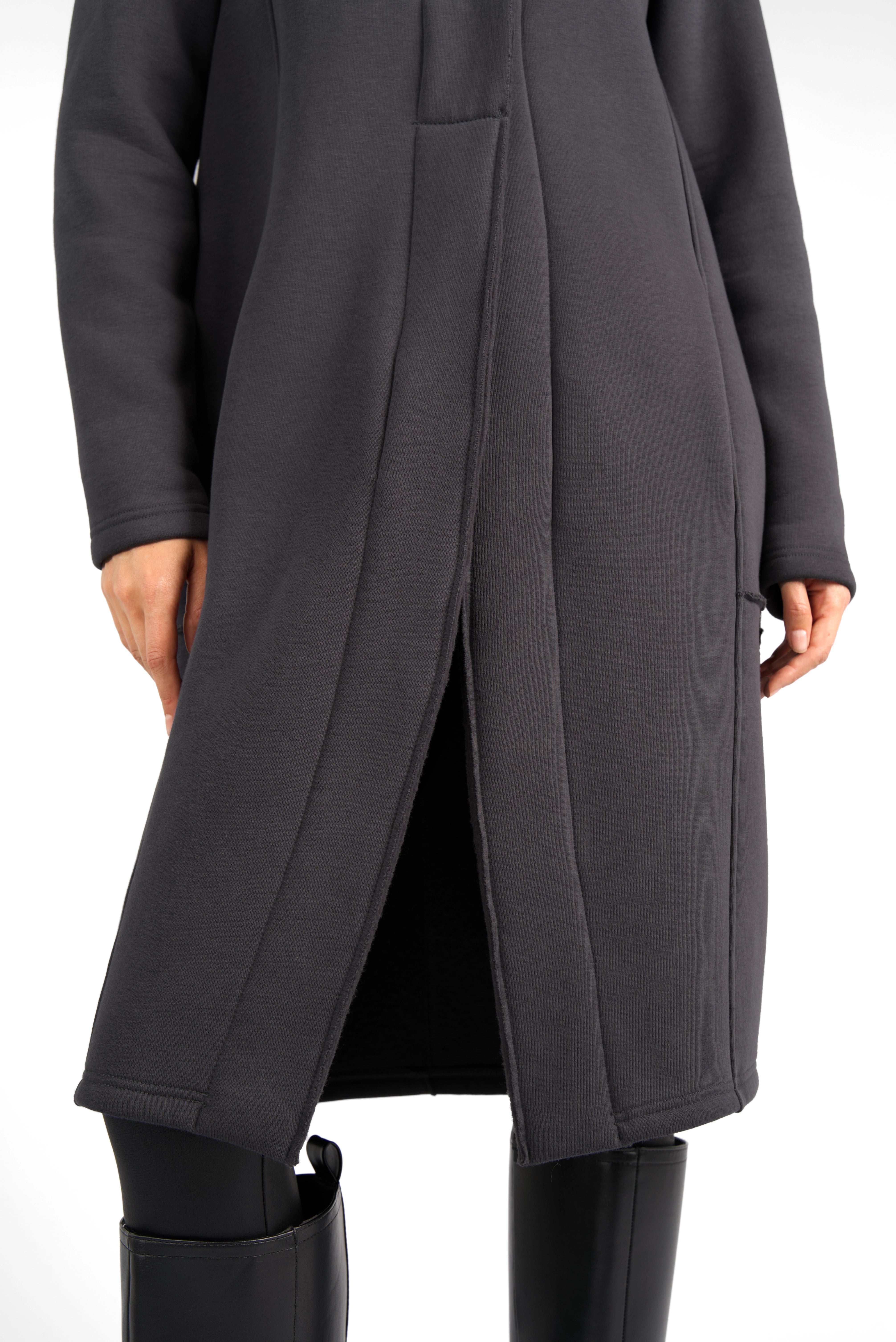 MANEY Sweatmantel dark grey soft jersey coat with concealed buttons and balloon shape