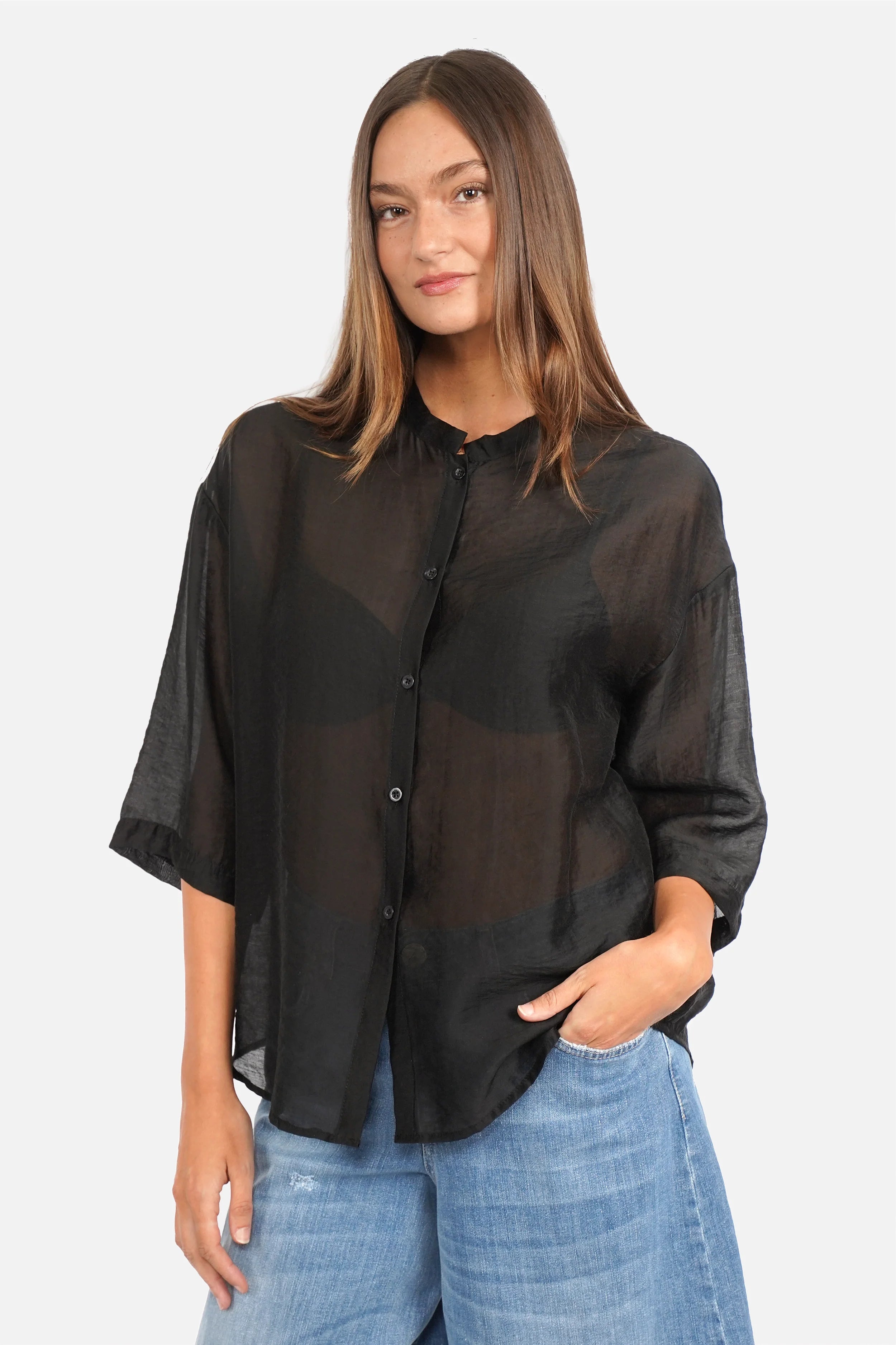 MARTTA Bluse aus Lyocell mit Stehkragen, überschnittenen Schultern und 3/4 Ärmeln in relaxed Fit