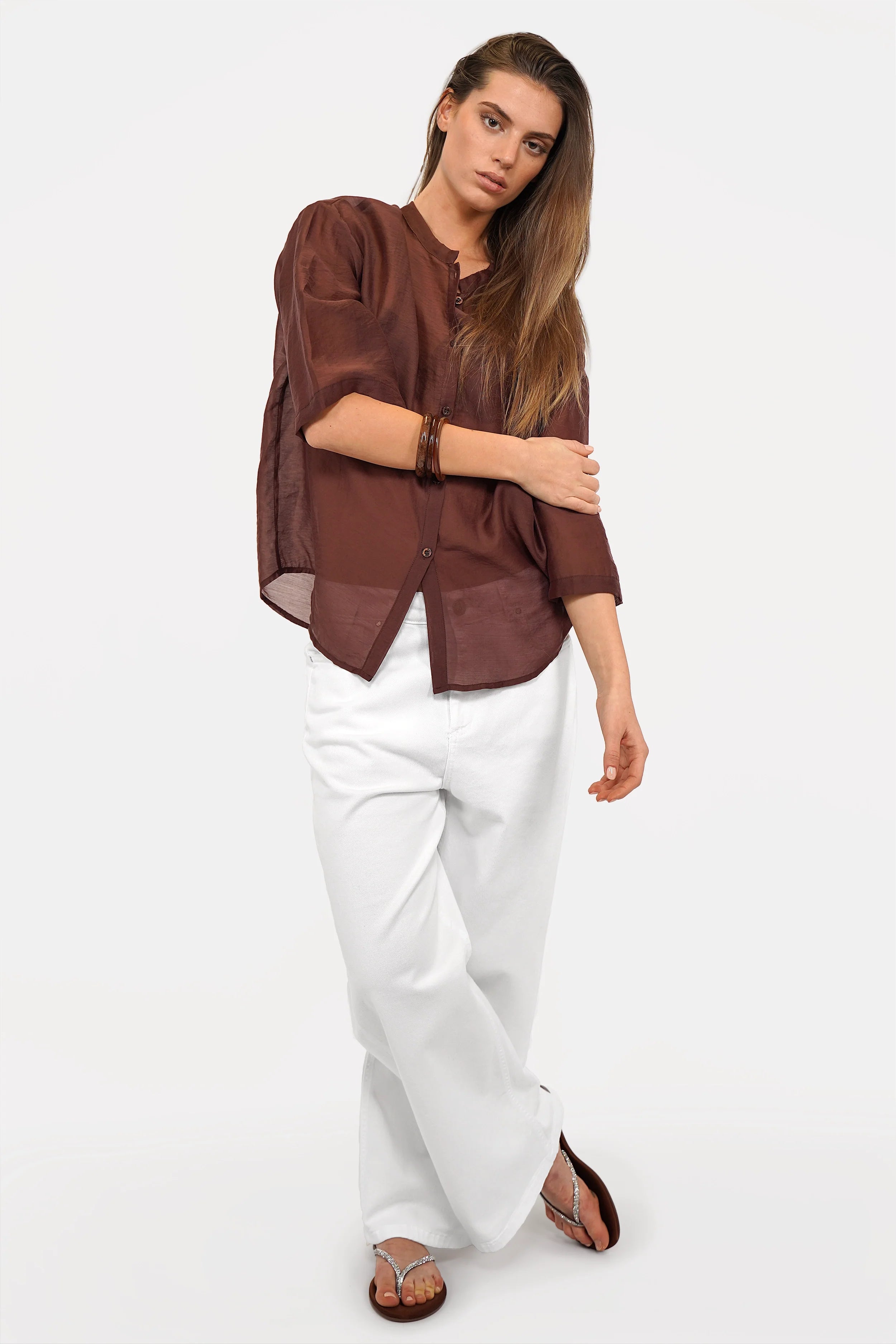 Elegante MARTTA Bluse aus Lyocell mit leichtem Glanz, Stehkragen und 3/4 Ärmeln
