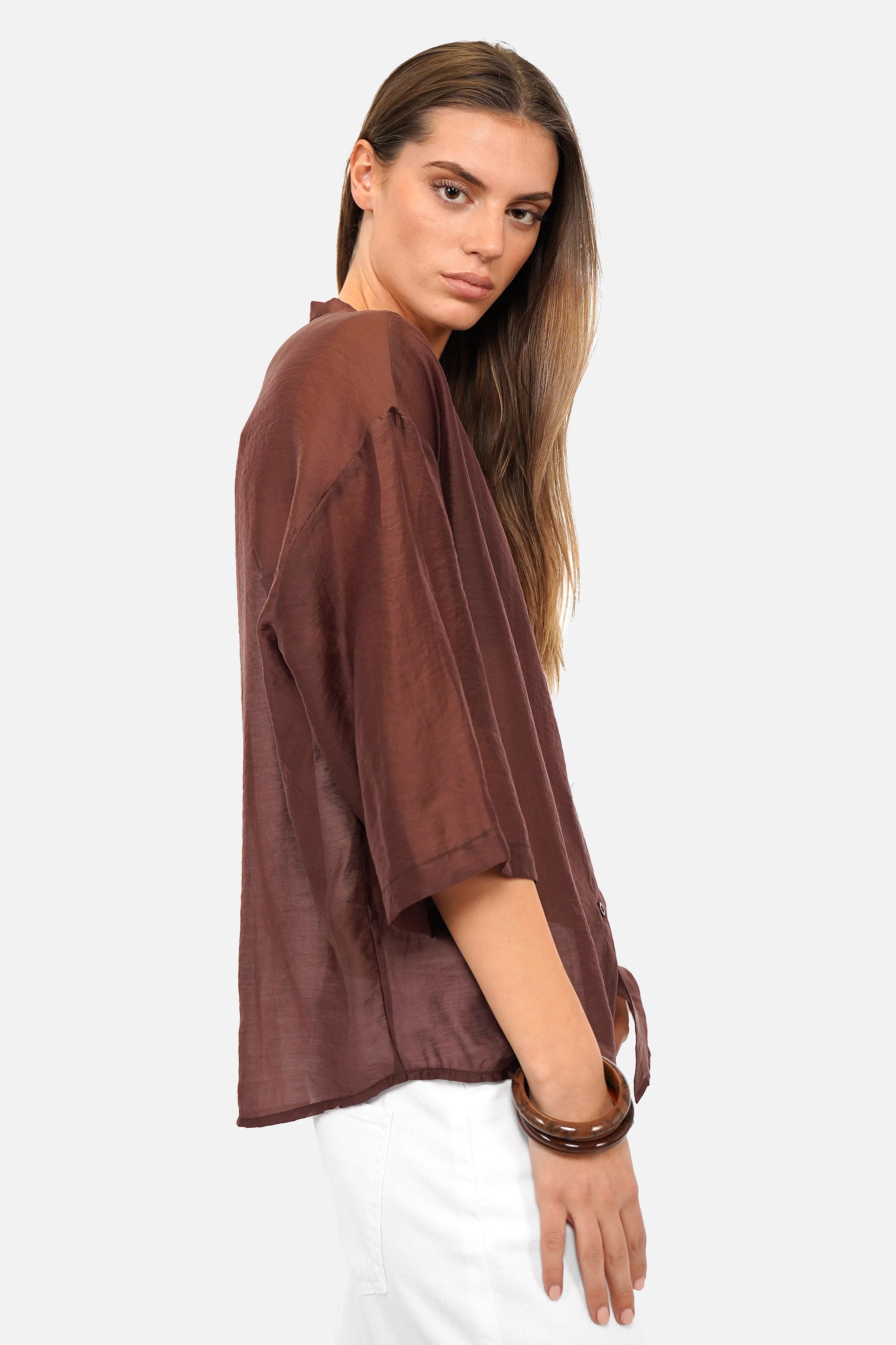 Feminine MARTTA Bluse aus Lyocell mit leichtem Glanz und Stehkragen, 3/4 Ärmel und relaxed Fit
