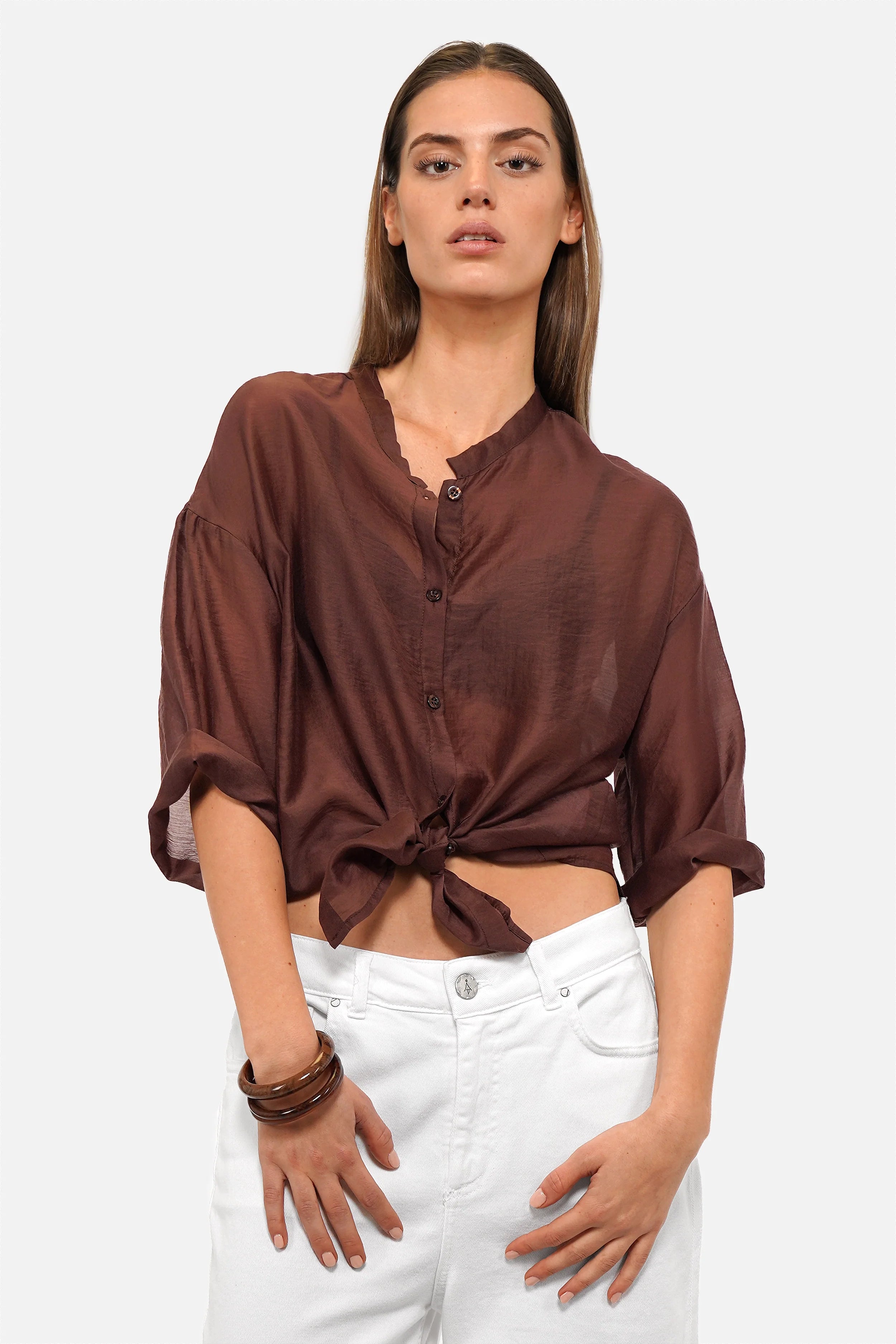 Damenbluse aus Lyocell mit leichtem Glanz und semitransparenter Optik, Stehkragen, 3/4 Ärmel und relaxed fit
