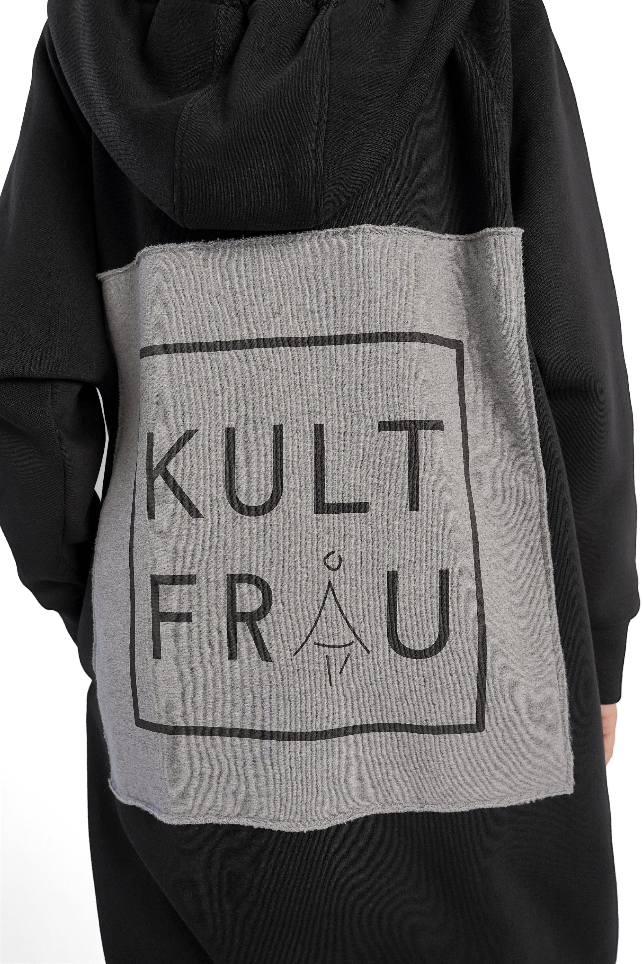 MAY Longzip-Hoodie oversized black and grey with logo patch and two-way zipper back view