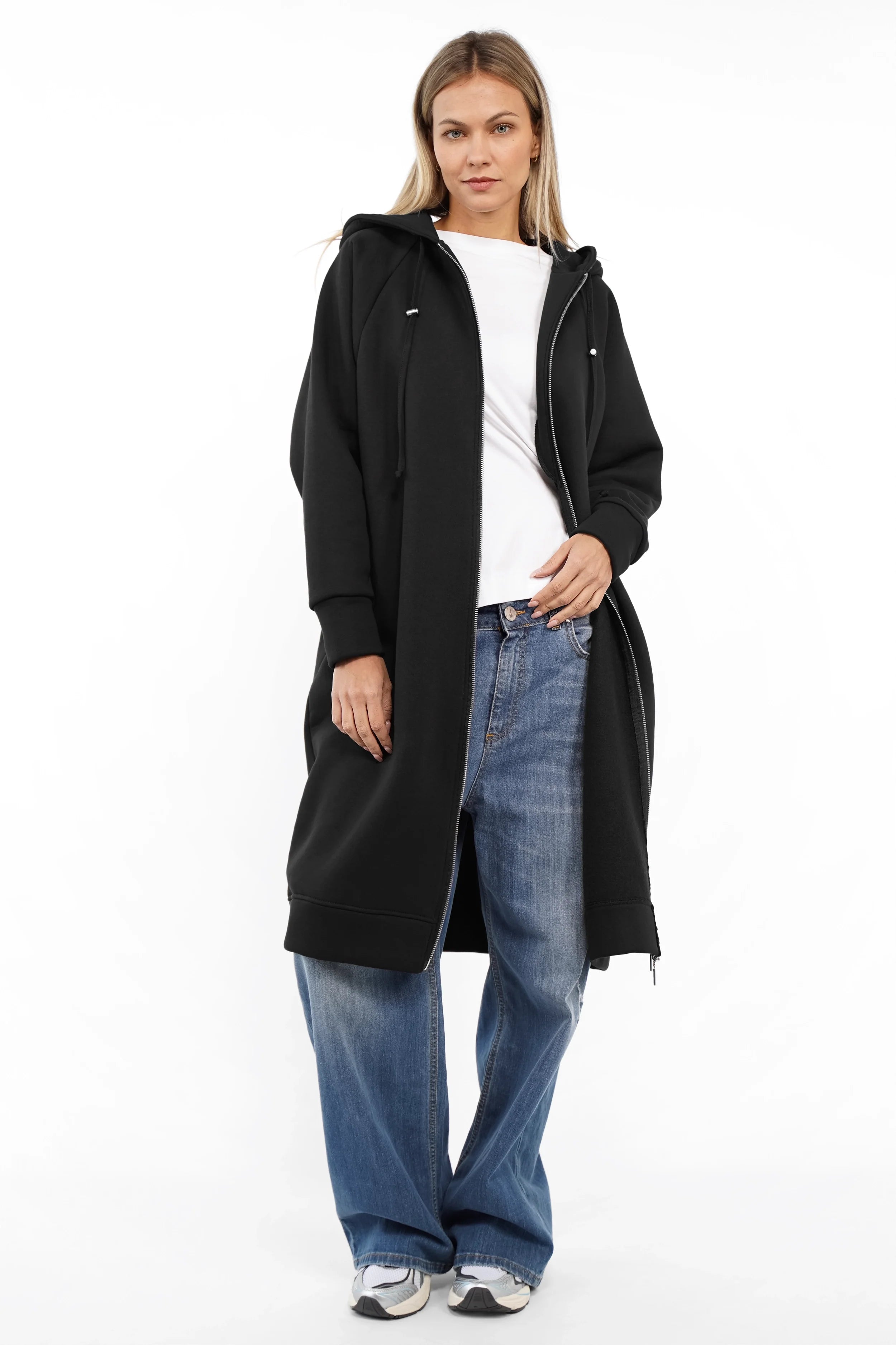 Longzip-Hoodie aus Baumwoll-Sweat mit Zweiweg-Reißverschluss, Kapuze und aufgenähtem Logo-Patch, oversized fit