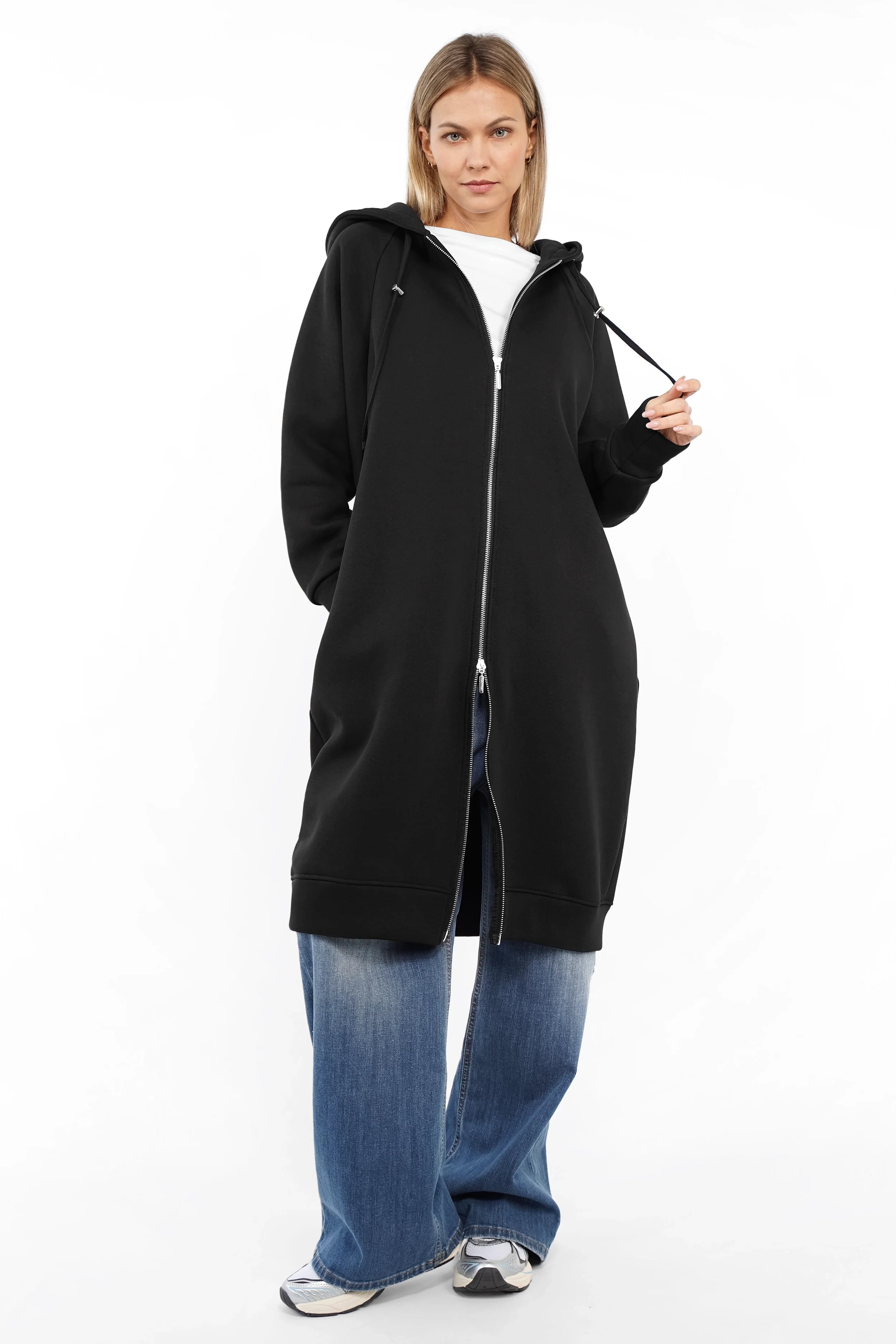 Longzip-Hoodie aus Baumwoll-Sweat mit Zweiweg-Reißverschluss und oversized Passform