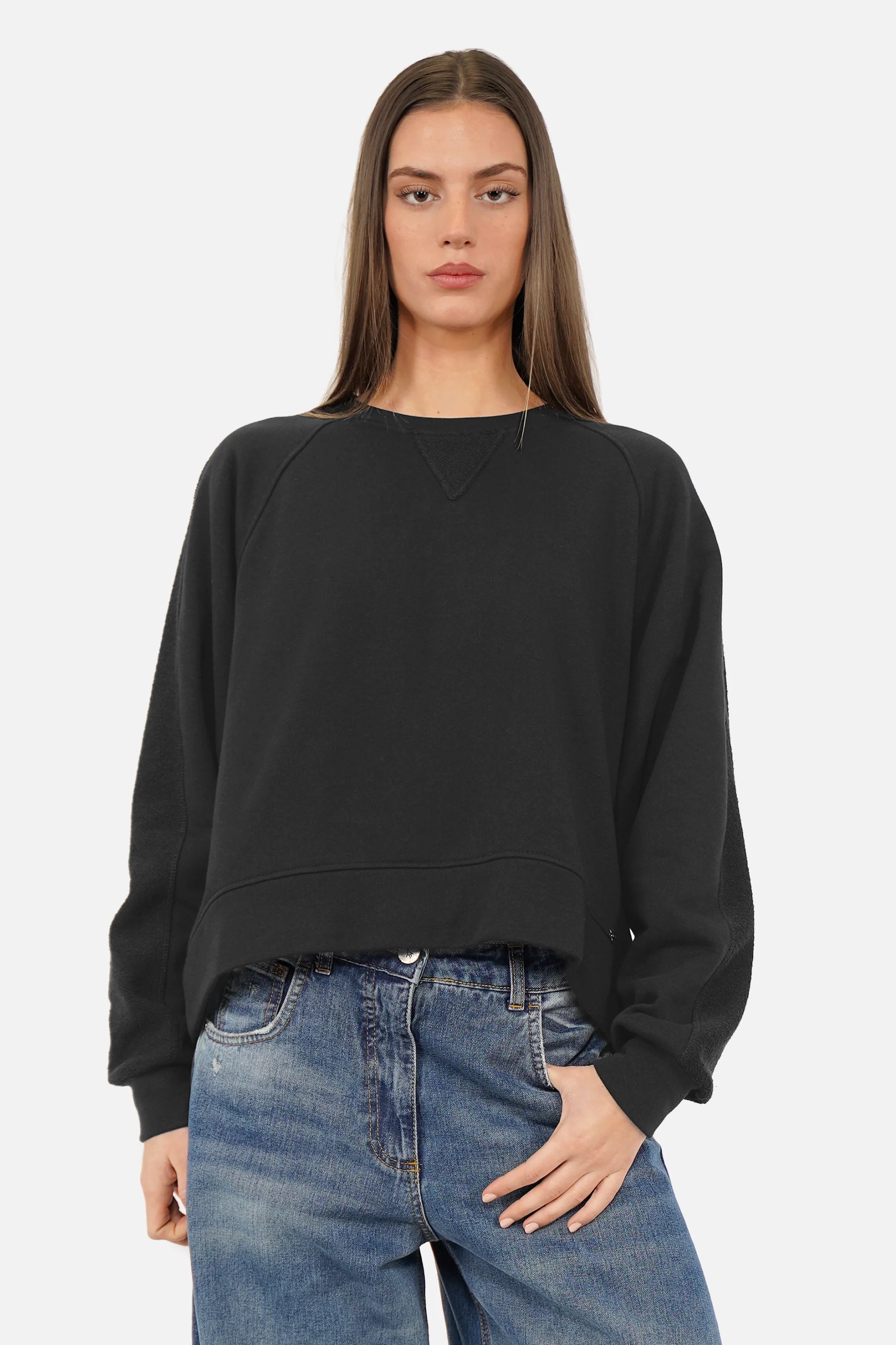 Oversize MEEGY Sweater mit linken Stoffseiten-Details, Rundhalsausschnitt und Raglanärmeln aus weichem Baumwoll Sweatshirtstoff