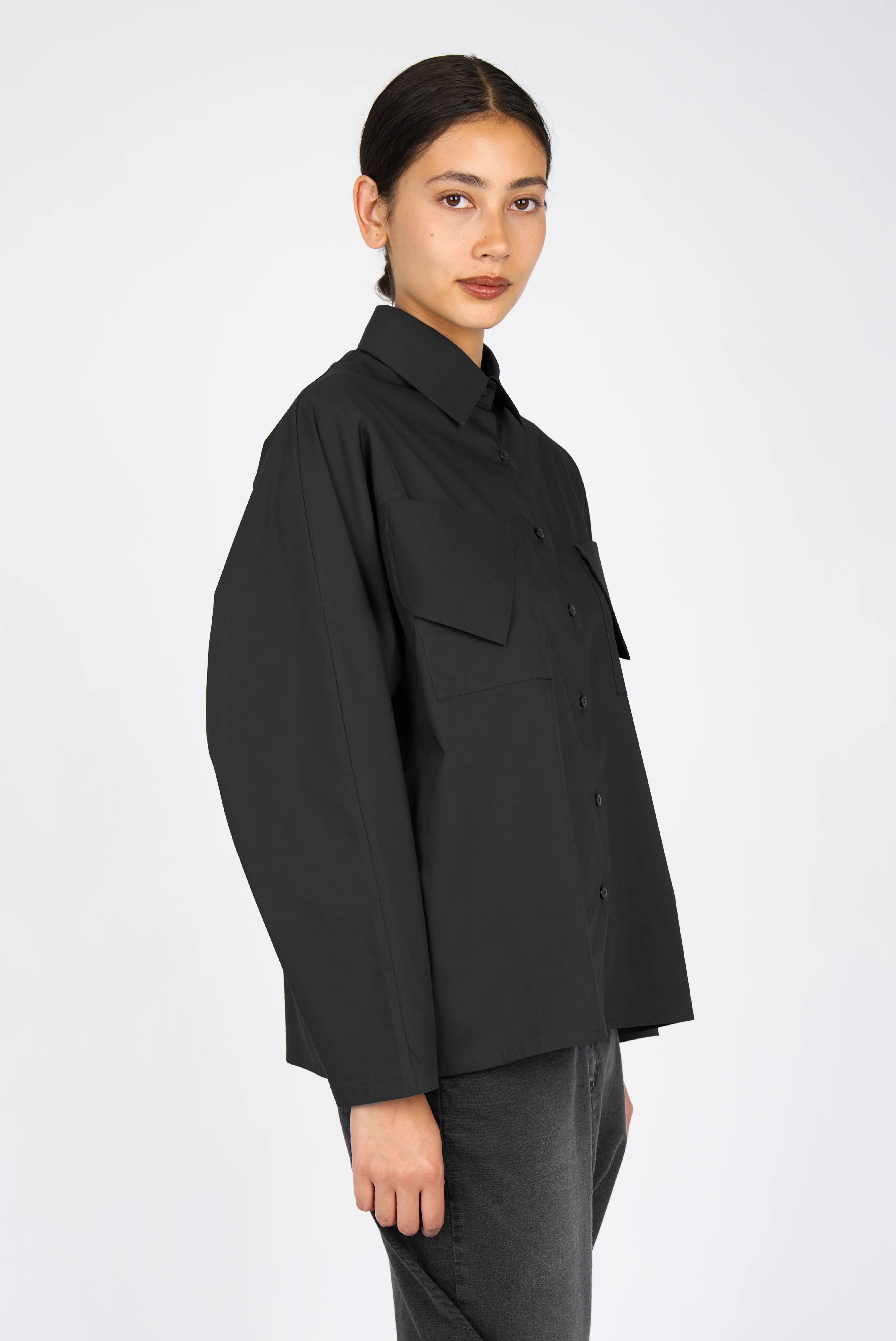 Black MELIZA Bluse oversized popeline shirt with bat-cut sleeves and asymmetrical flap pockets