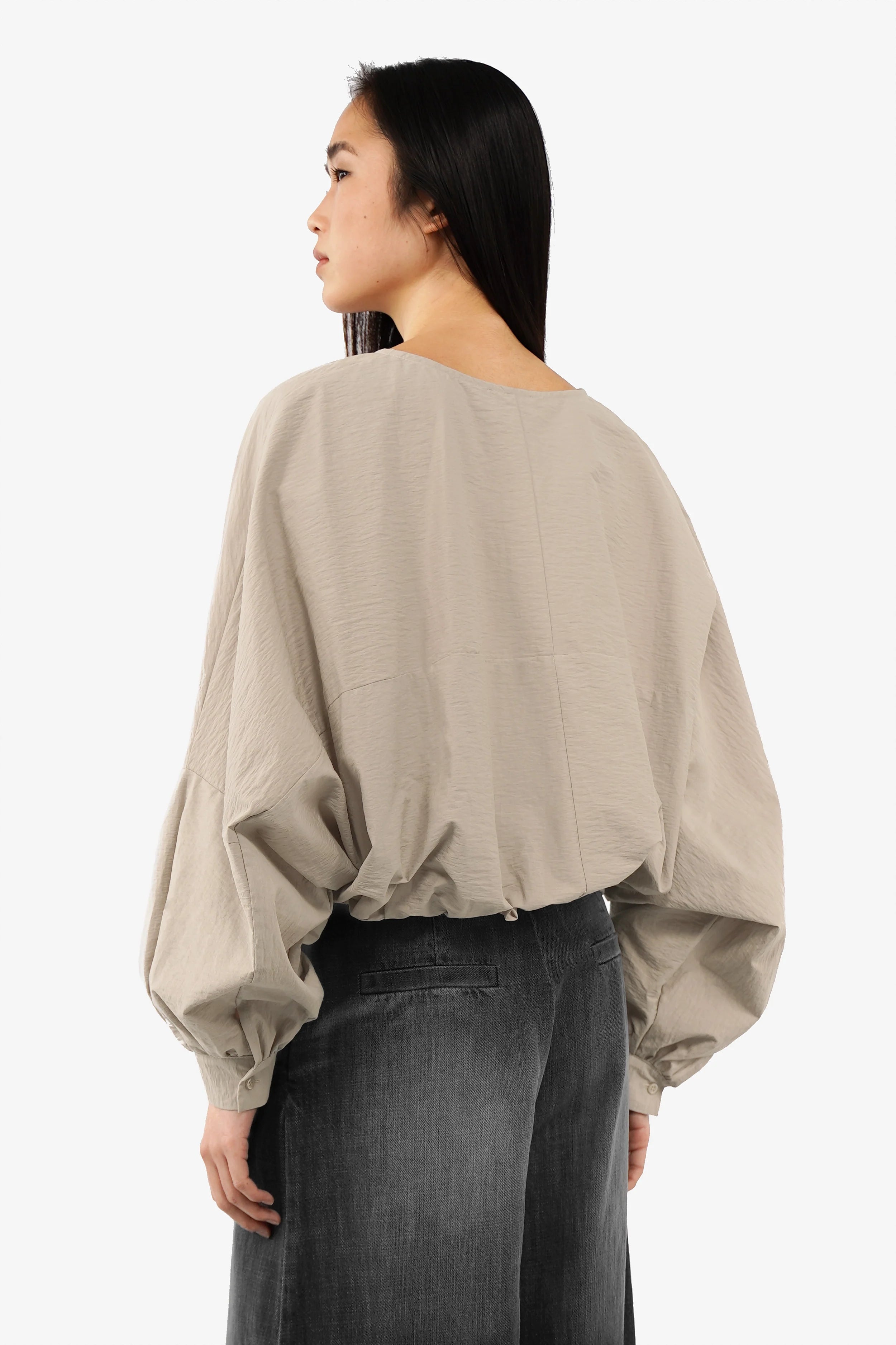 Damen Crinkle Bluse mit Ballonärmeln und Rundhalsausschnitt in Baumwoll-Mix