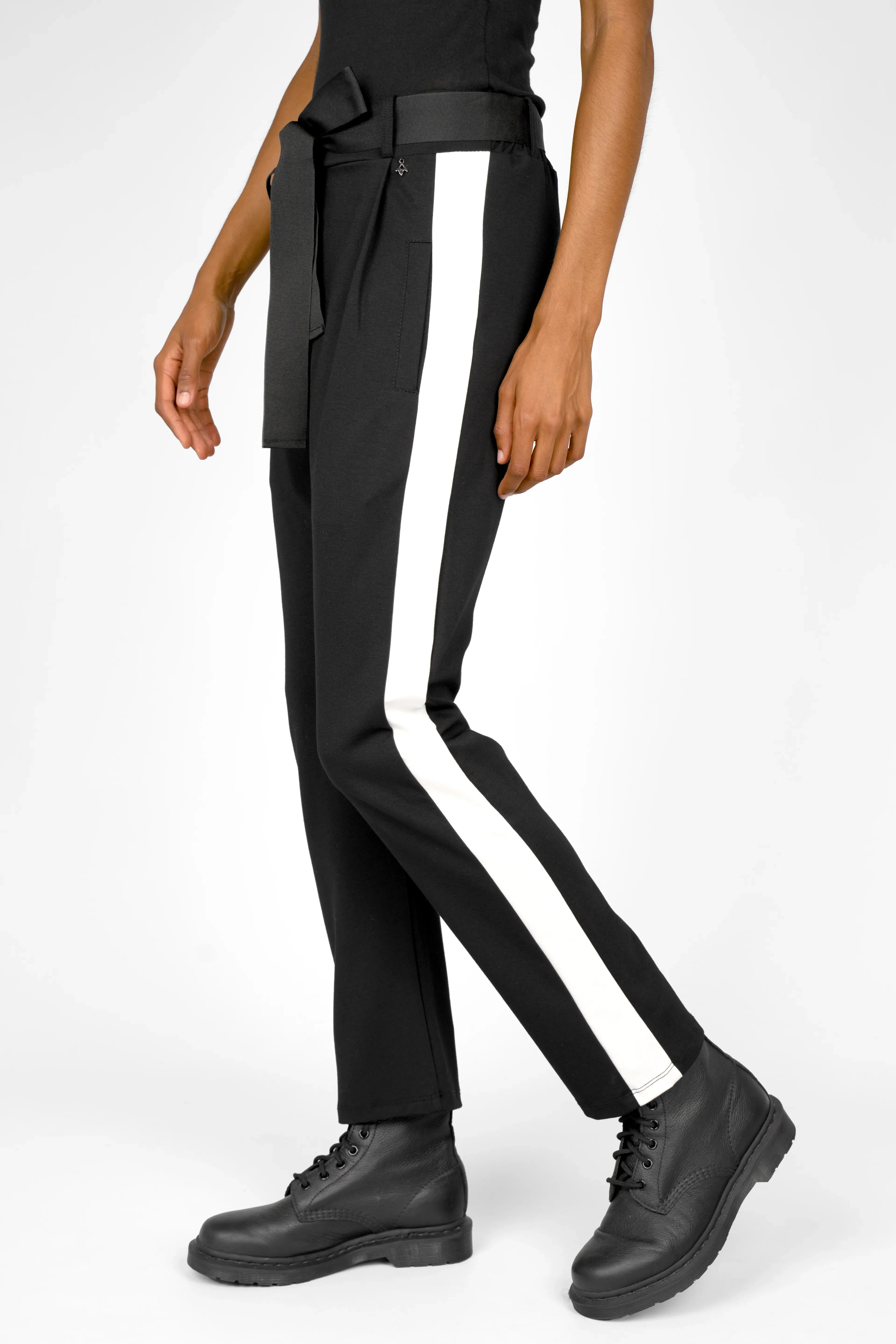 Black MYRAN tapered sweathose with white side stripes, adjustable cuff, and tie belt for a feminine touch