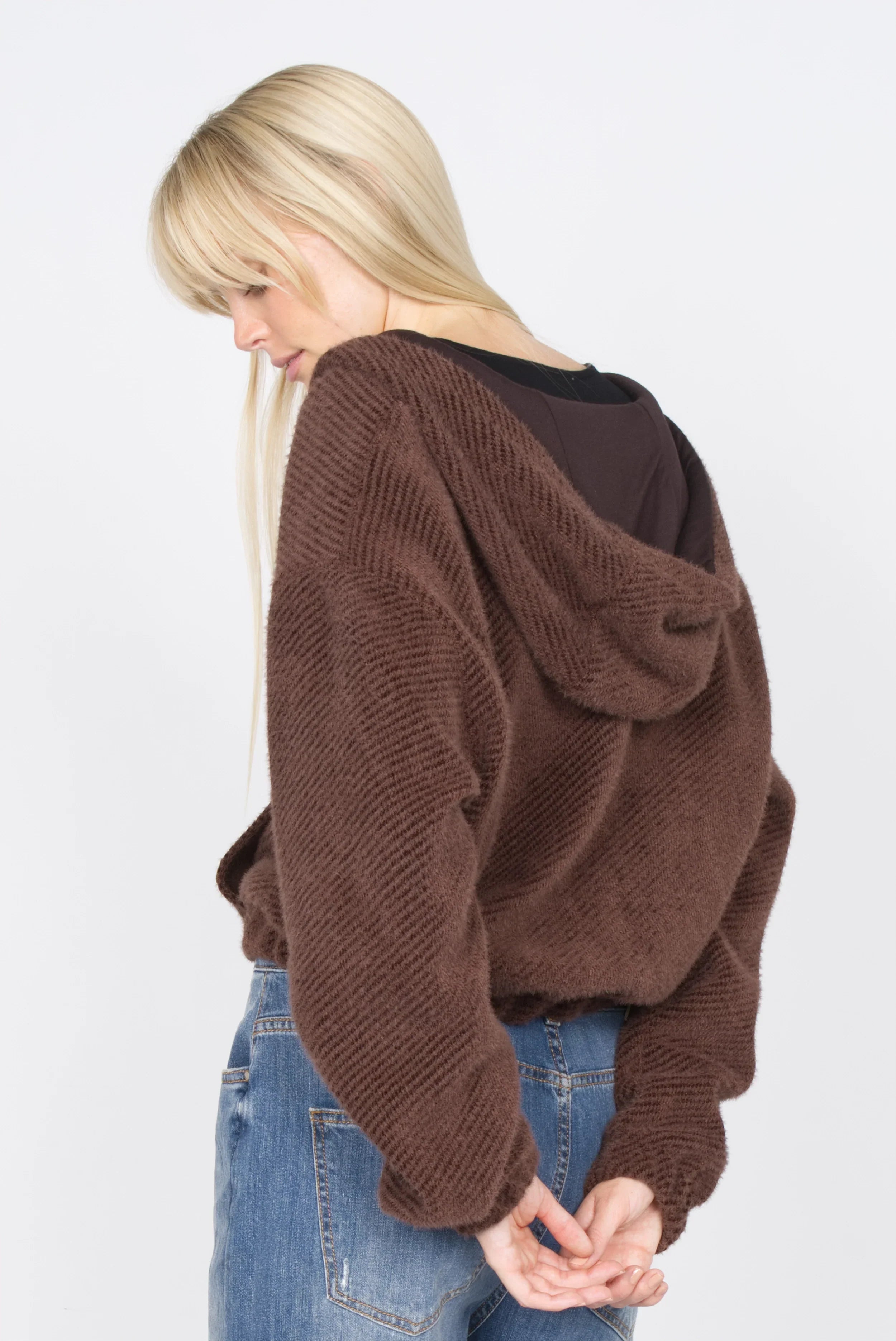 Damen Zip-Hoodie mit samtig weicher Effektgarn-Struktur in Braun mit Kapuze und verkürzter Länge