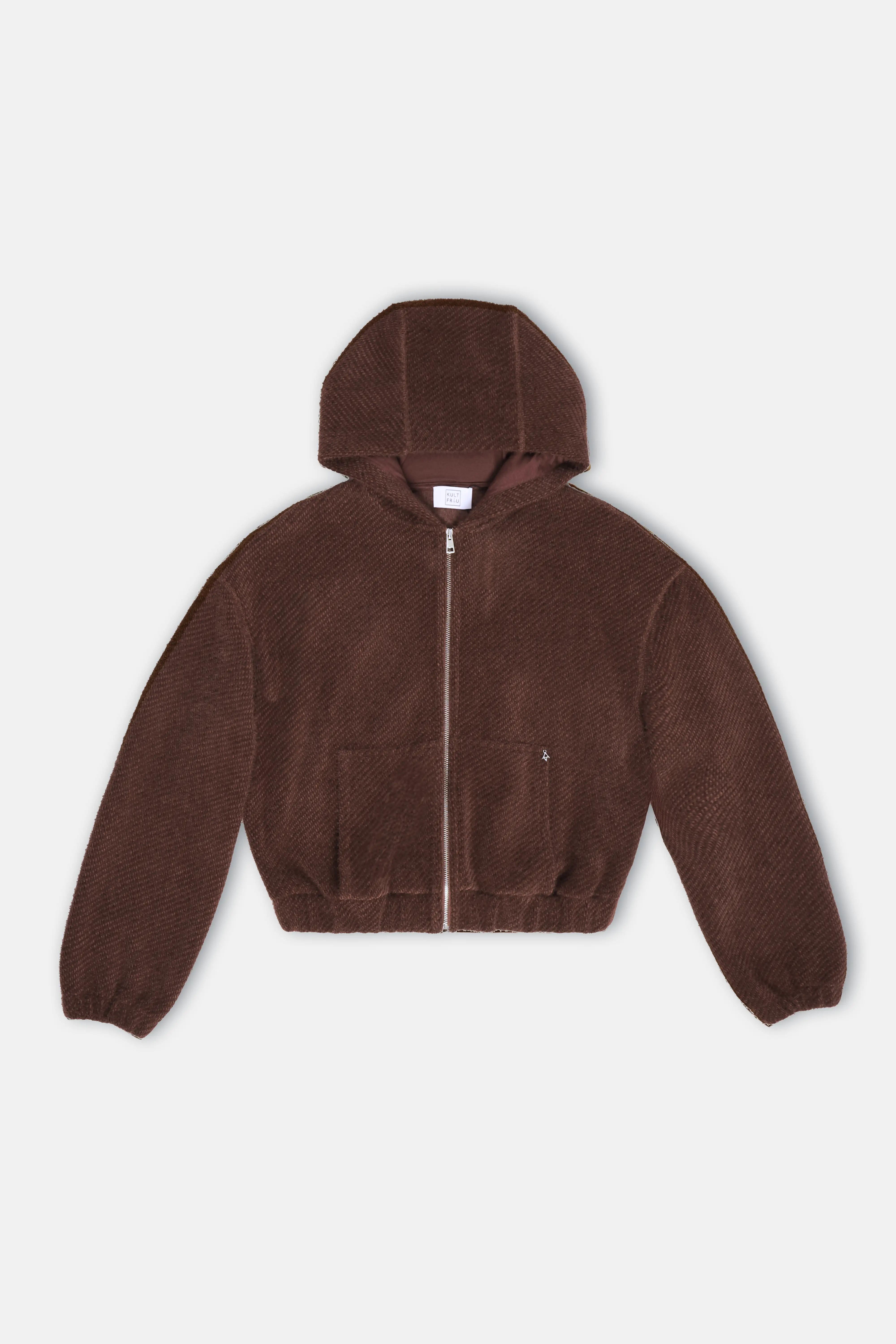 Brauner Zip-Hoodie mit samtig weicher Effektgarn-Struktur und Kapuze