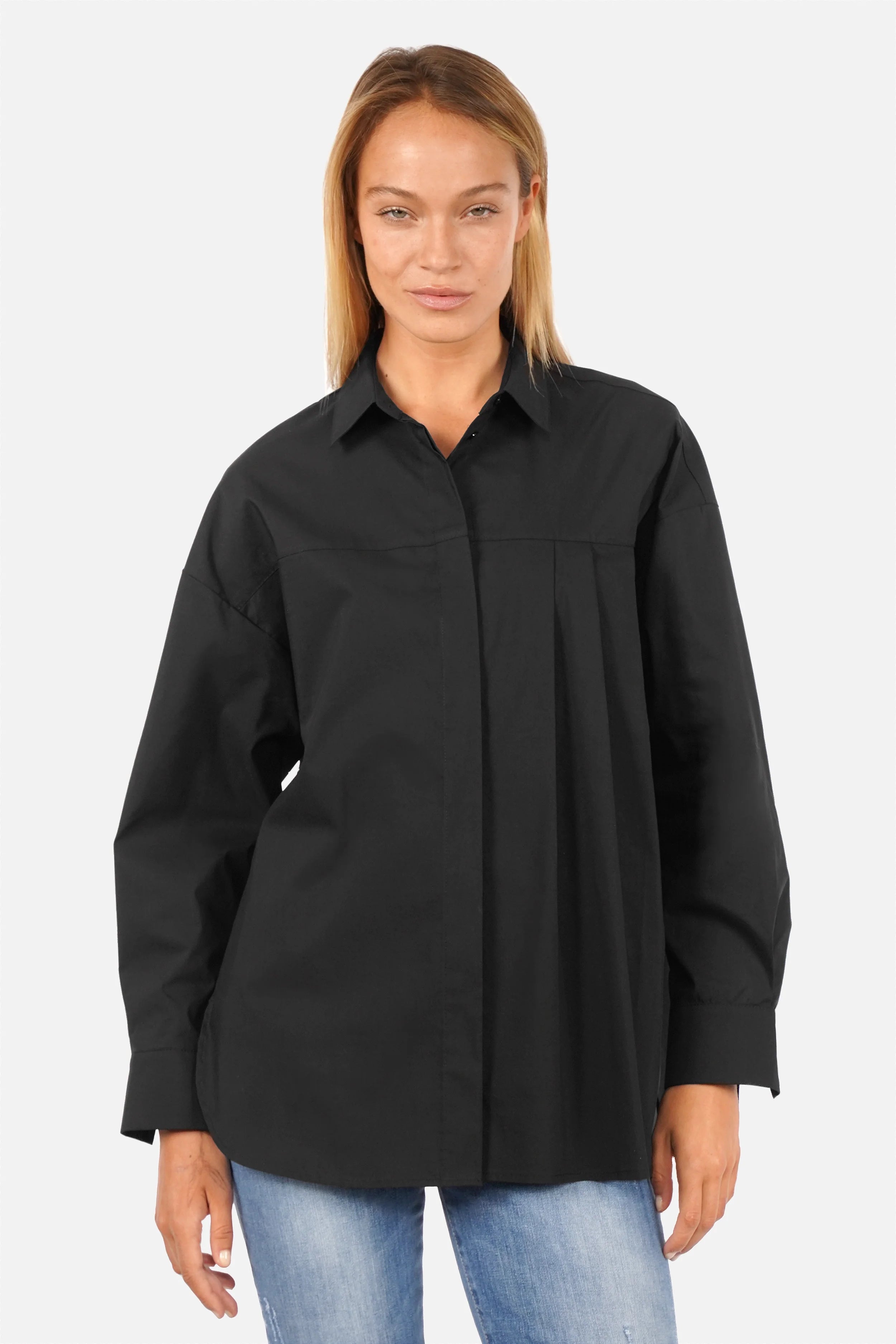 Damen Relaxed Bluse aus weicher Popeline mit verdeckter Knopfleiste und asymmetrischem Faltendetail