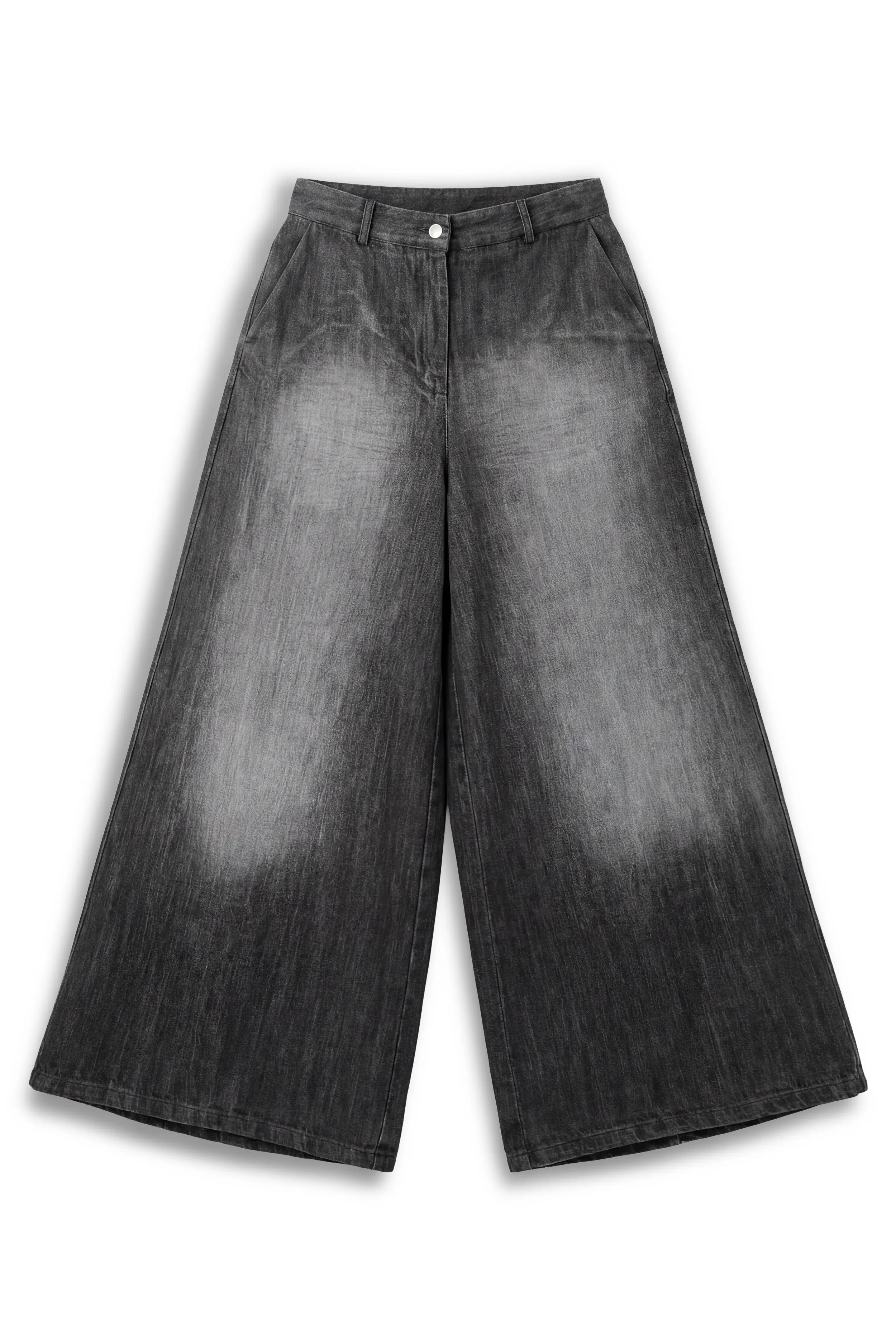 NEDY Wide Leg Hose aus fließendem Baumwollstoff in Black washed mit Degradé-Farbverlauf und Mid Waist Design