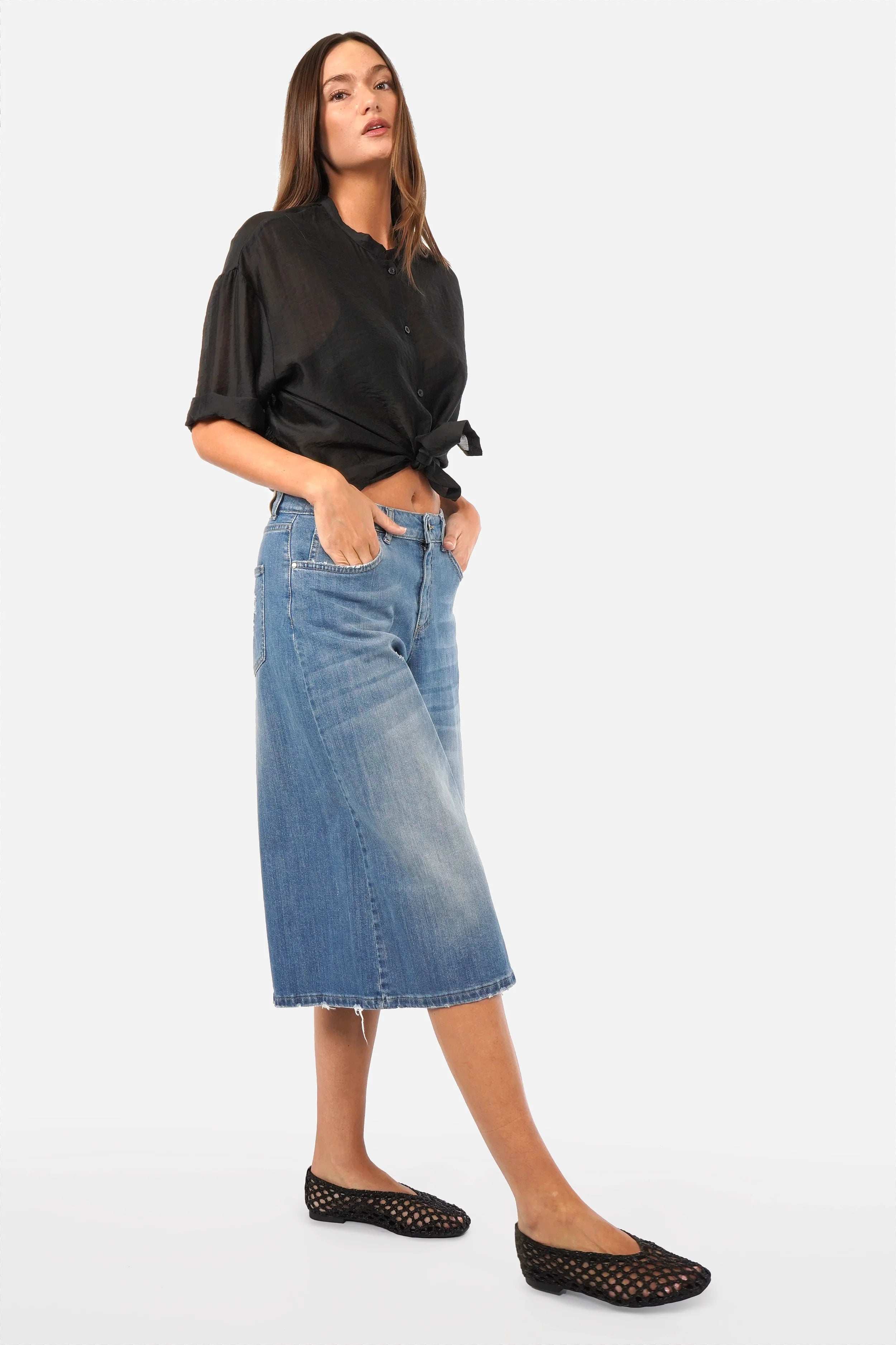 NELKA Weite Bermuda-Jeans weite Bein Denim mit destroyed Waschung und 5-Pockets