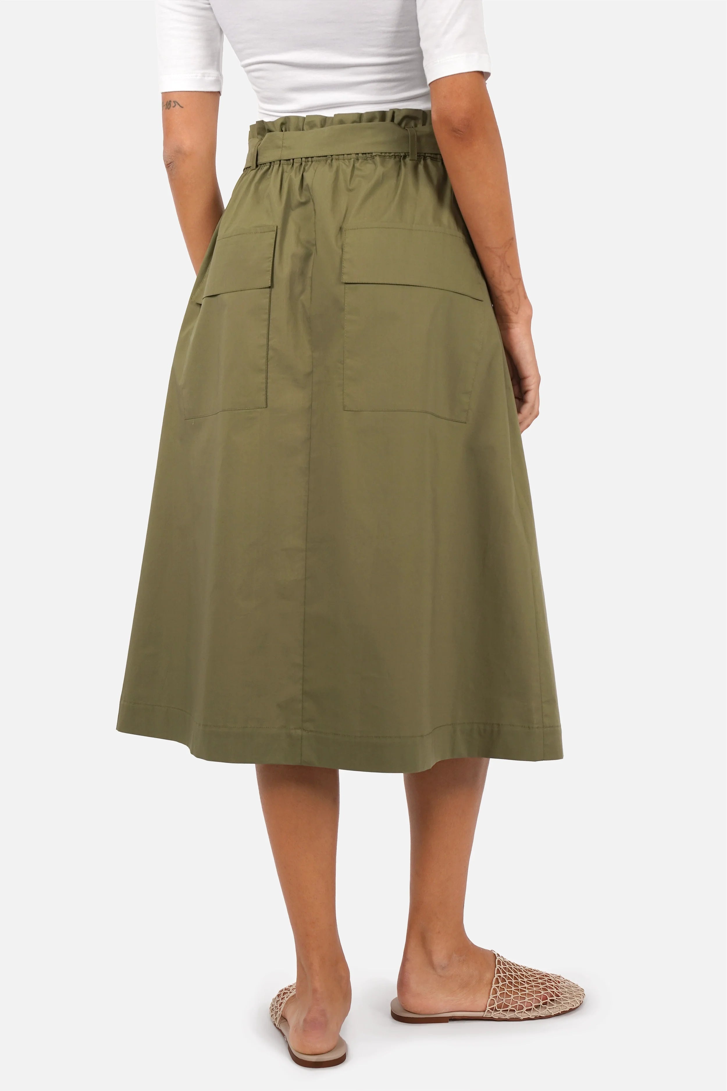 Damen Cargo-Rock aus weicher Popeline mit elastischem Bund, Gürtelschlaufen und aufgesetzten Taschen in A-Linie, midi Länge