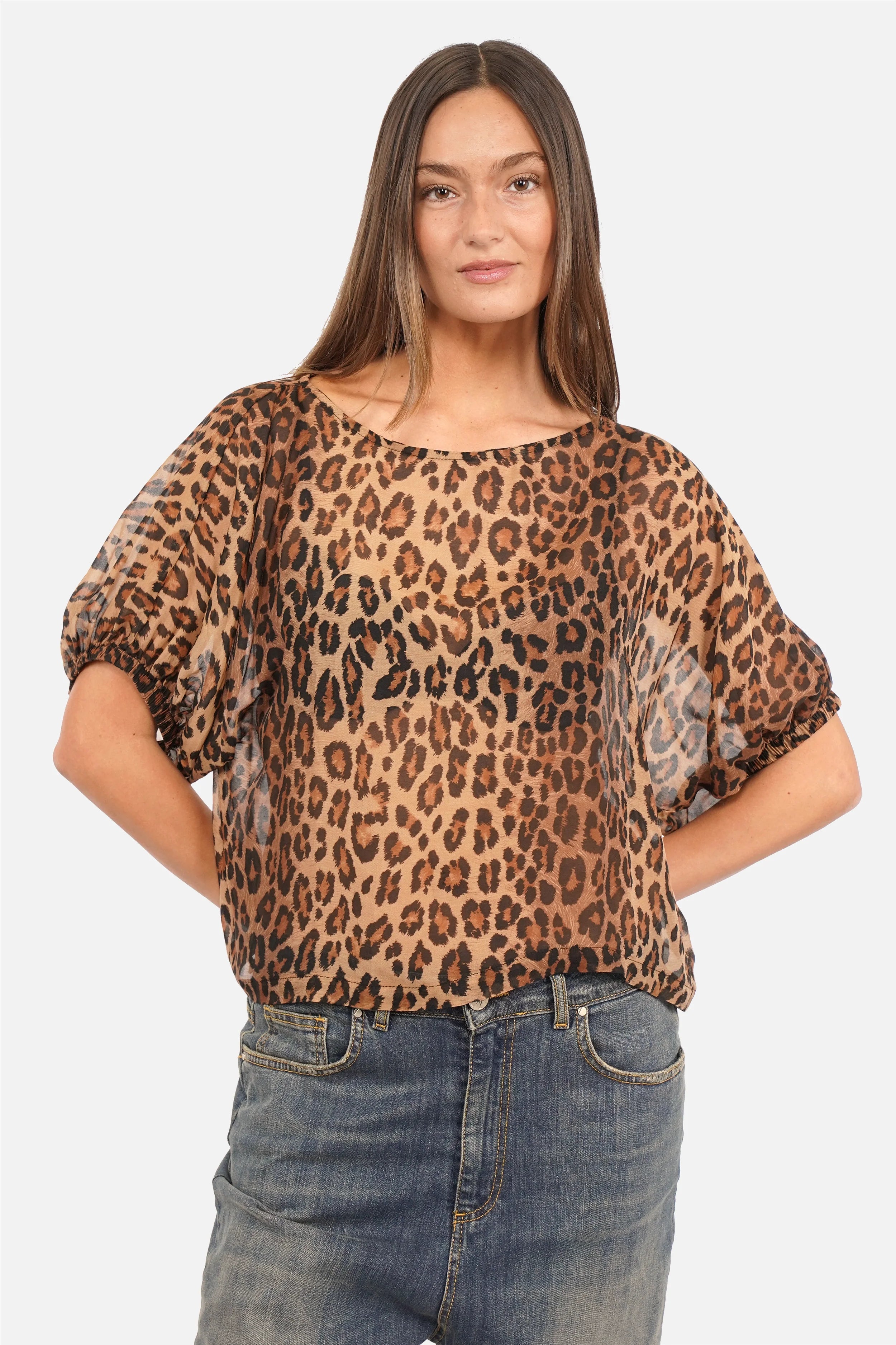 NOSHI Kurzarm Bluse mit Leo-Print und Fledermausärmeln in semitransparentem Material