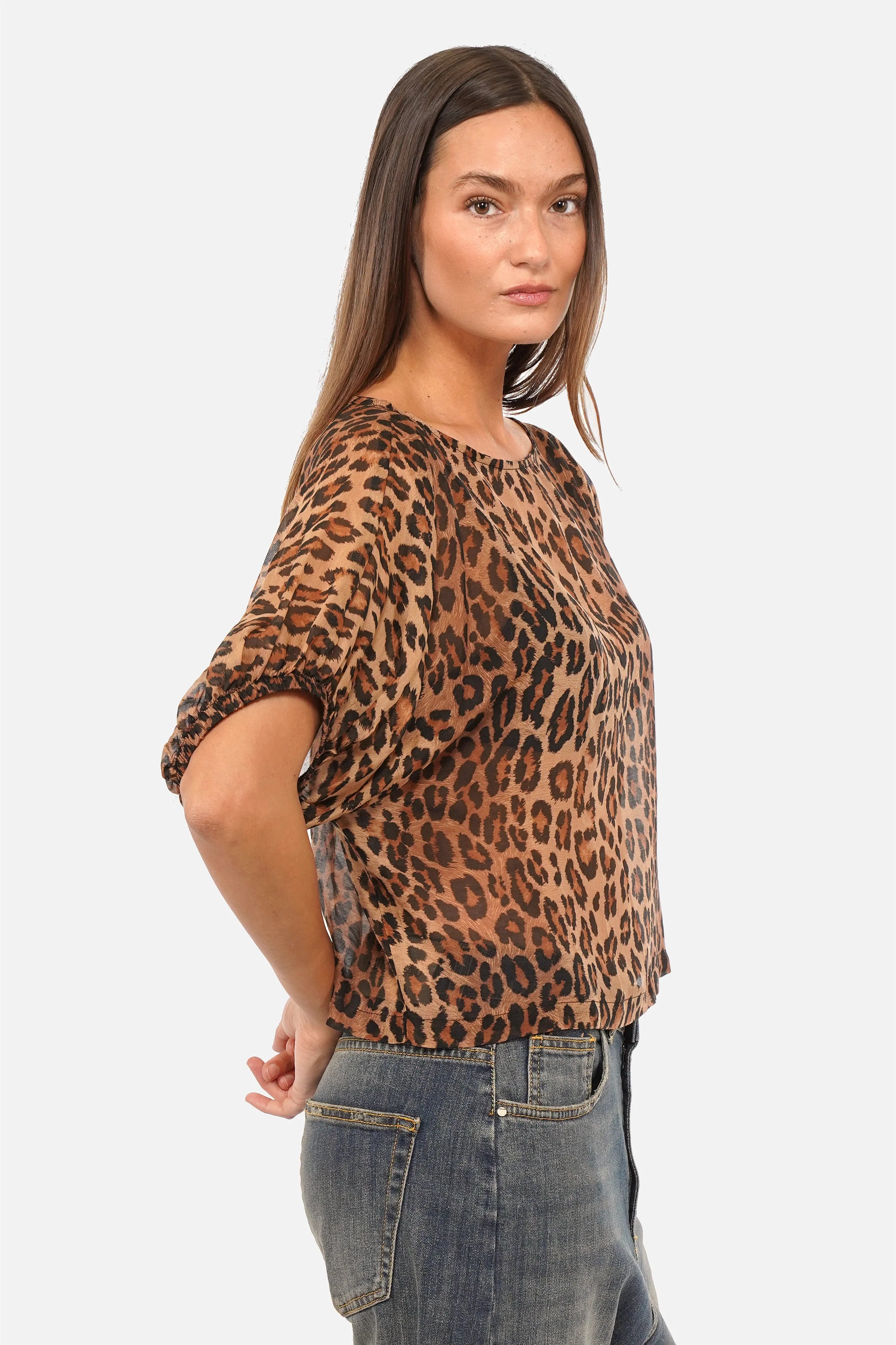NOSHI Kurzarm Bluse mit Leo-Print, Fledermausärmeln und U-Boot Ausschnitt