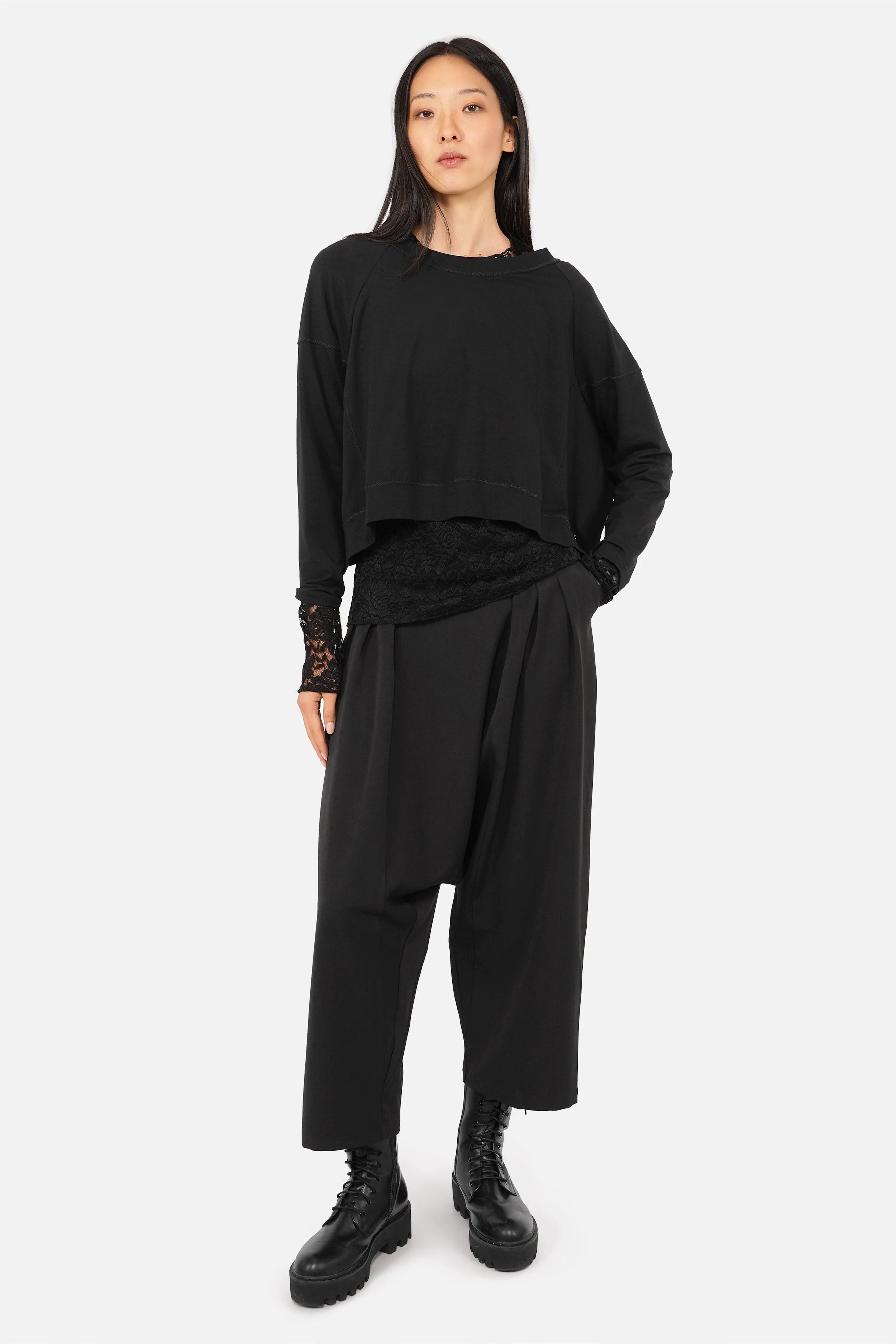 NURY Avantgarde Hose mit tiefem Schritt und breitem Bund in feiner Melange-Optik