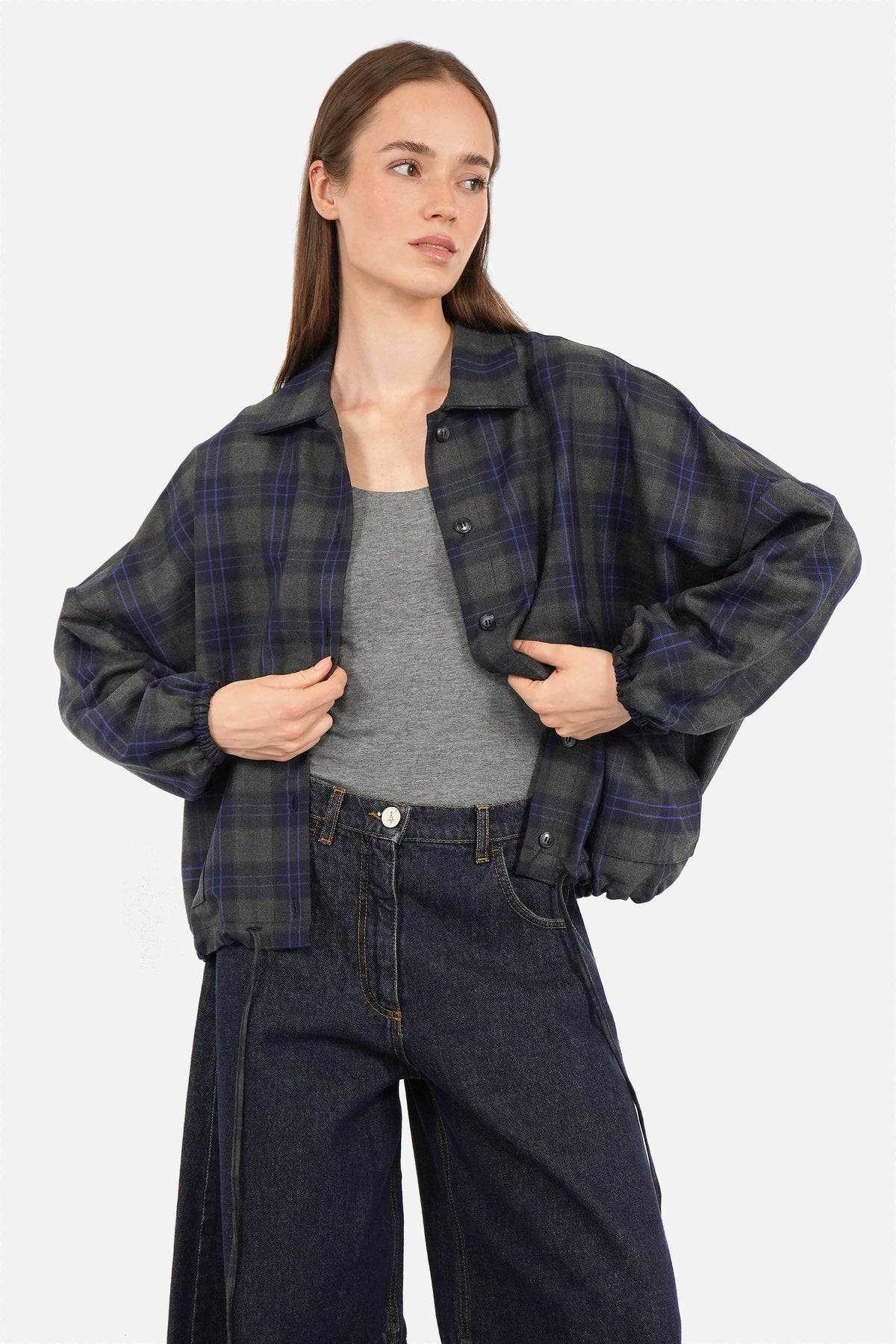 PEFFA Hemdblouson mit Karomuster, blauem Akzent, klassischem Hemdkragen und voluminösen Ärmeln in relaxed Fit