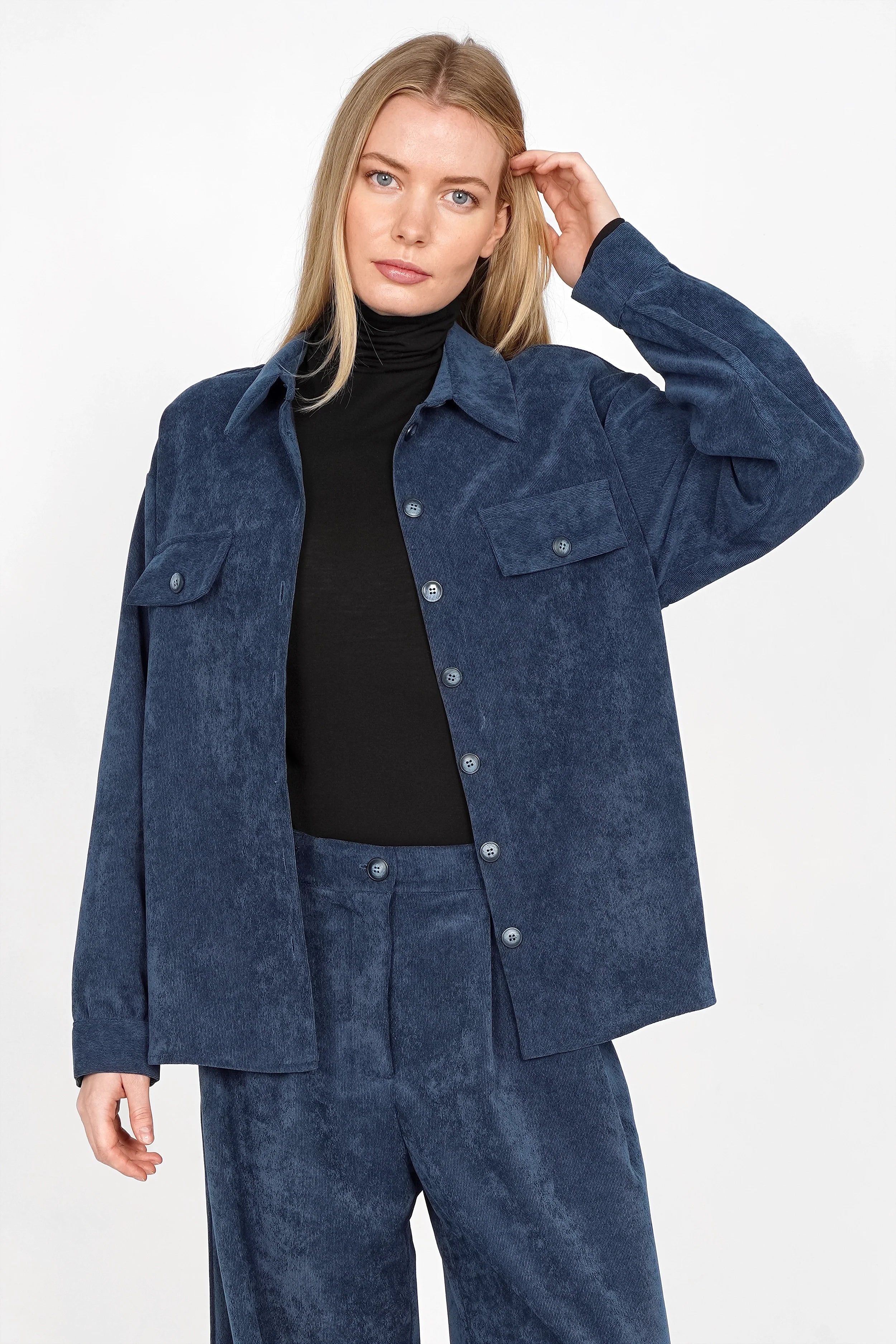 POULA Cord Overshirt navy blue relaxed fit shirt jacket with chest pockets and soft texture