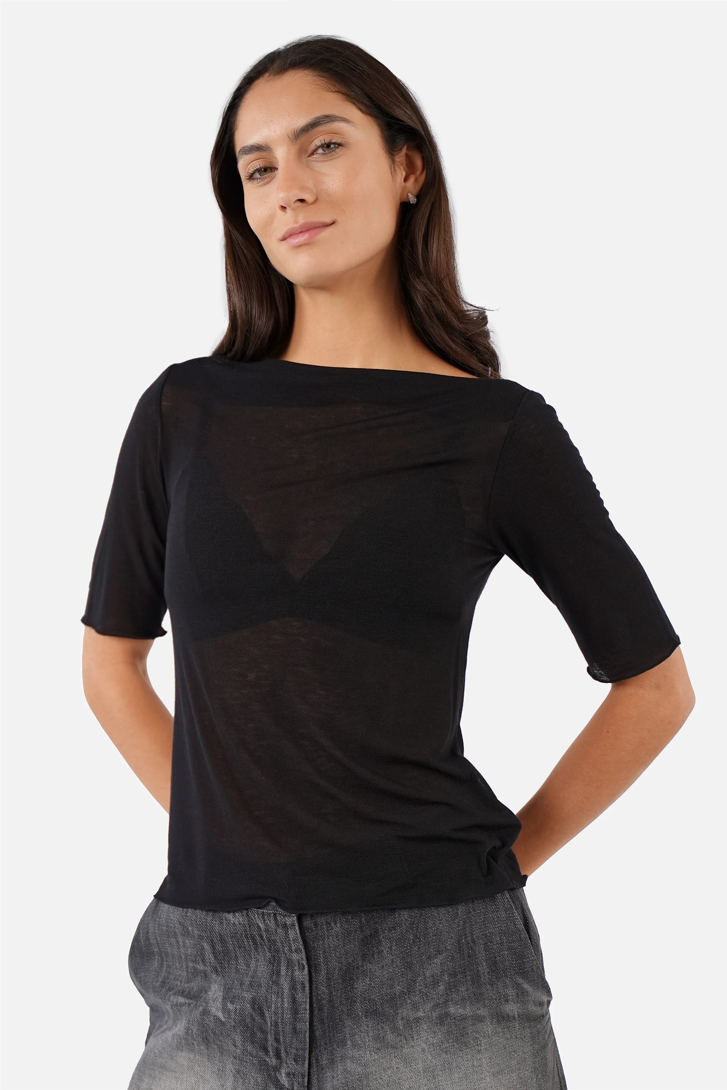 ROVIN T-Shirt aus weichem Viskose-Kaschmir-Mix mit U-Boot Ausschnitt und halblangen Ärmeln