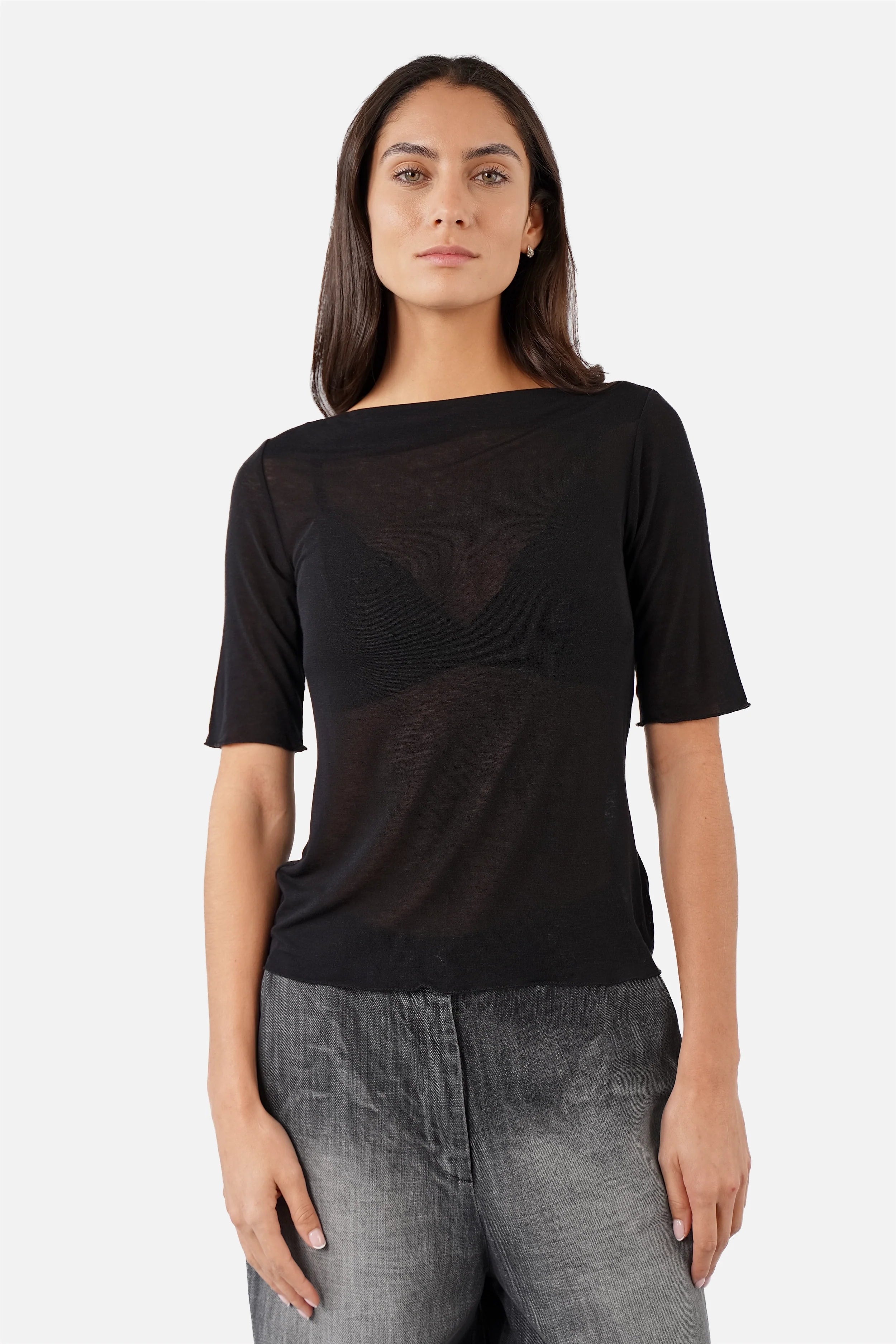 ROVIN T-Shirt aus Kaschmirmix mit U-Boot Ausschnitt und halblangen Ärmeln