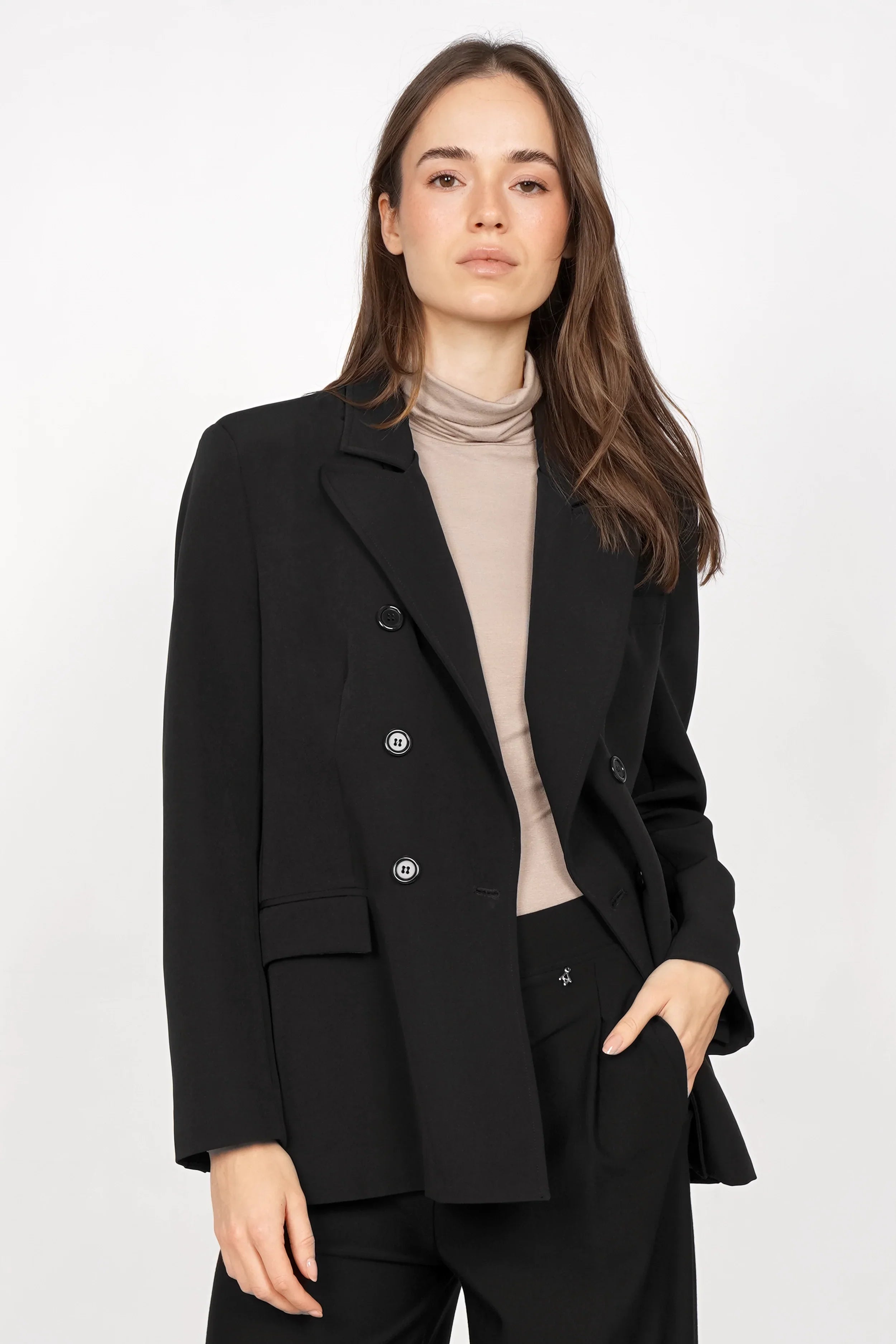 RUNYIA Doppelreihiger Blazer mit Reverskragen aus softer Stretch-Qualität in Schwarz