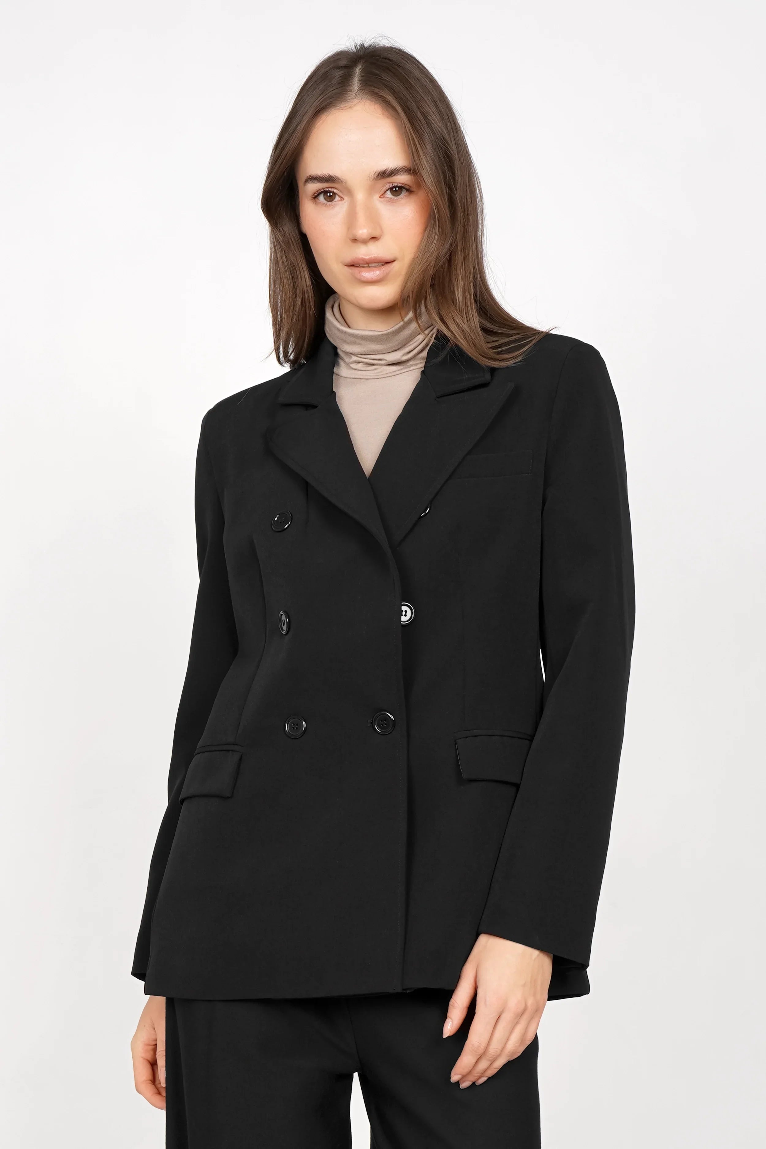 RUNYIA Doppelreihiger Blazer in schwarz mit Reverskragen und doppelte Knopfreihe, taillierter Schnitt aus softem Stretch-Material