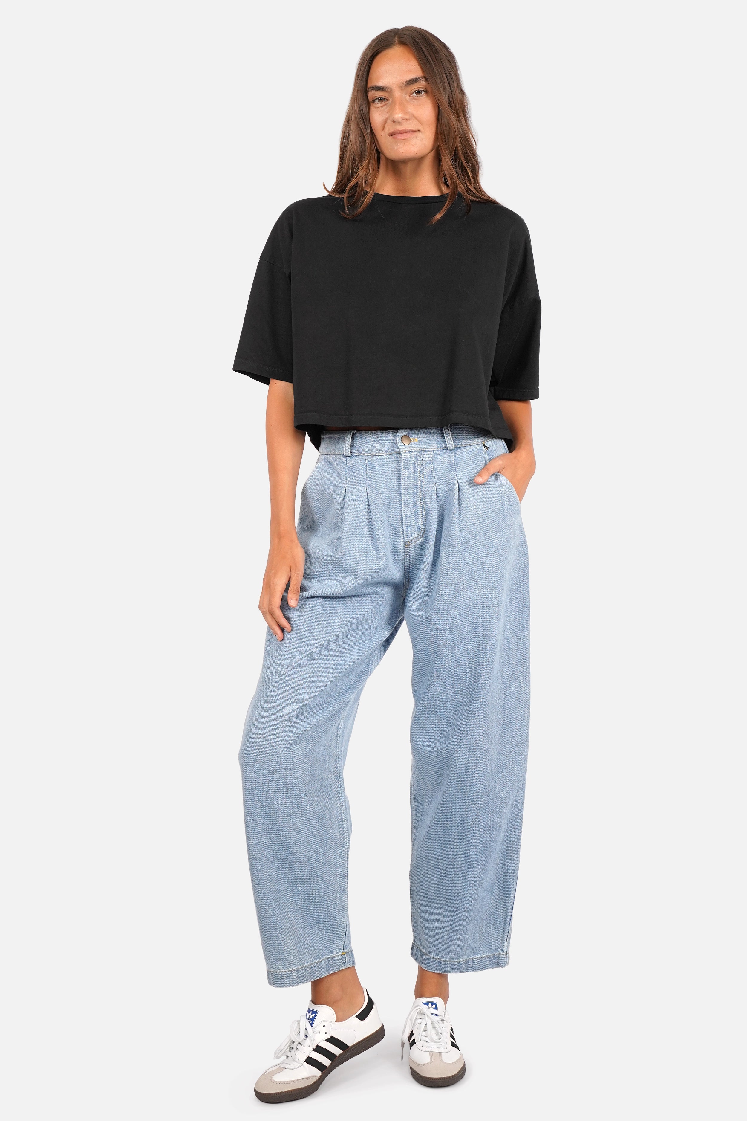 SAIKA Relaxed Tapered Hose in washed blue structured cotton with tapered relaxed fit and button front closure