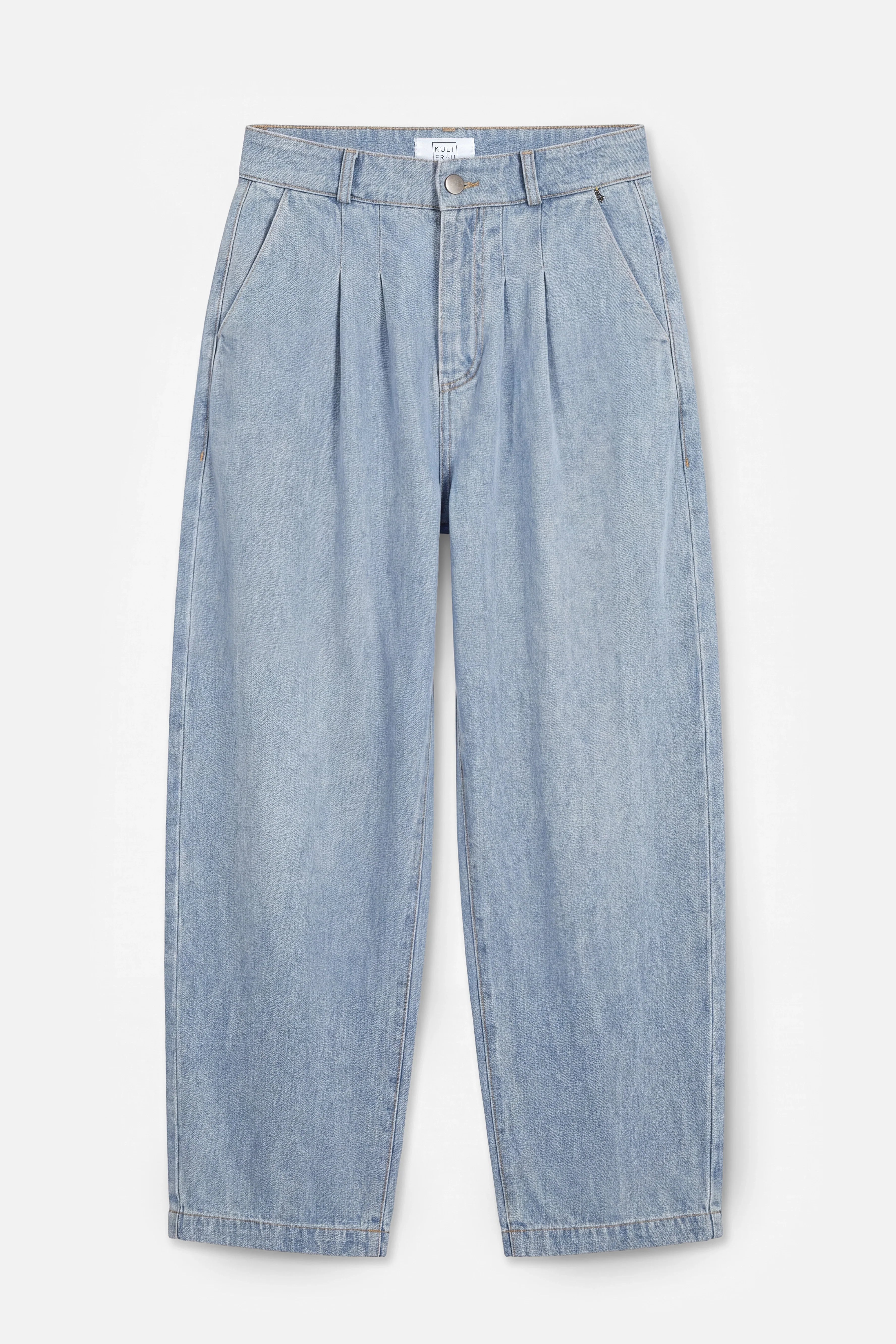 SAIKA Relaxed Tapered Hose aus strukturierter Baumwolle in washed blue mit Knopf- und Reißverschluss, locker geschnitten und leicht zulaufend