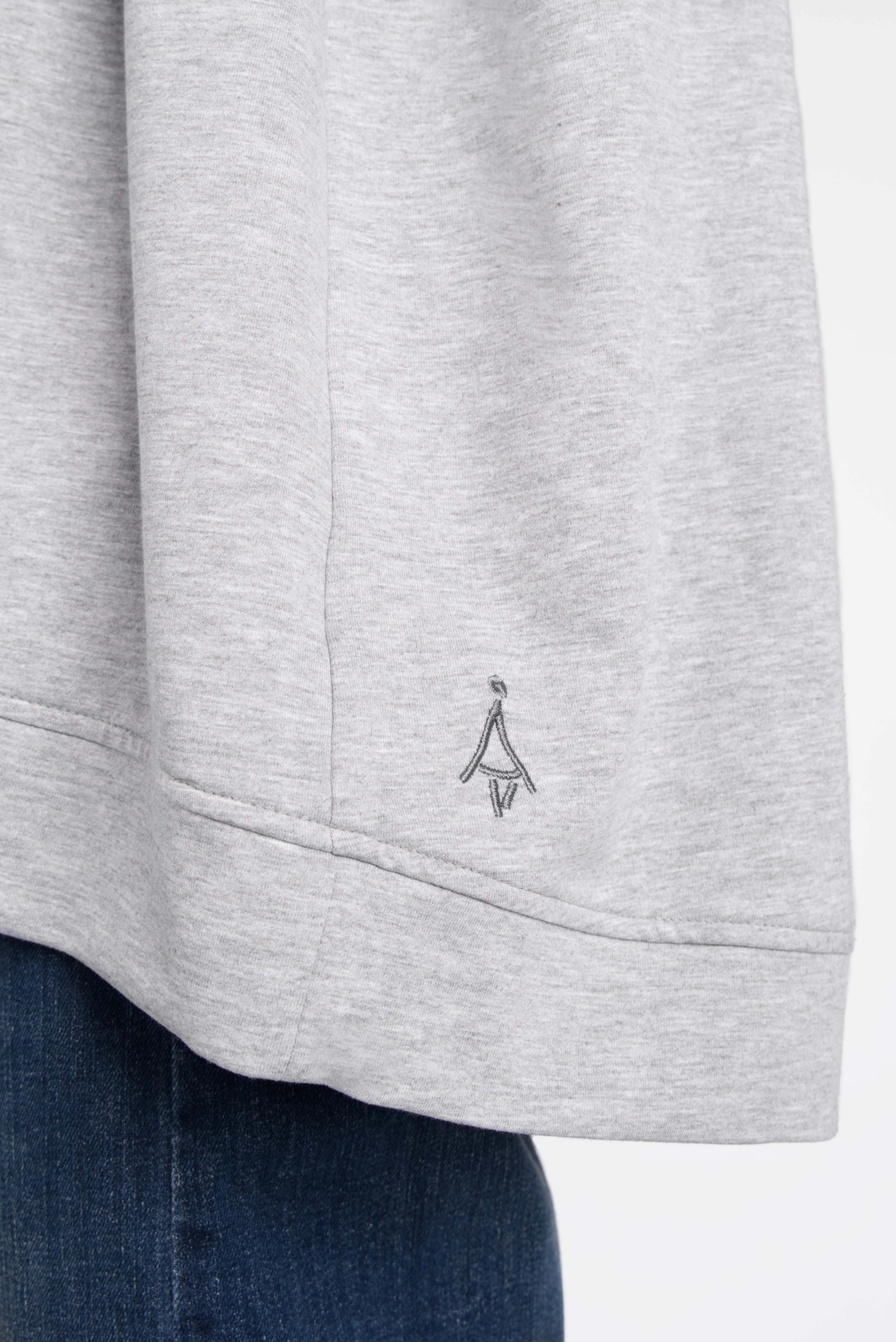 Close-up of light grey SELKA Sweater hem with tonal logo embroidery and wide cuff detail